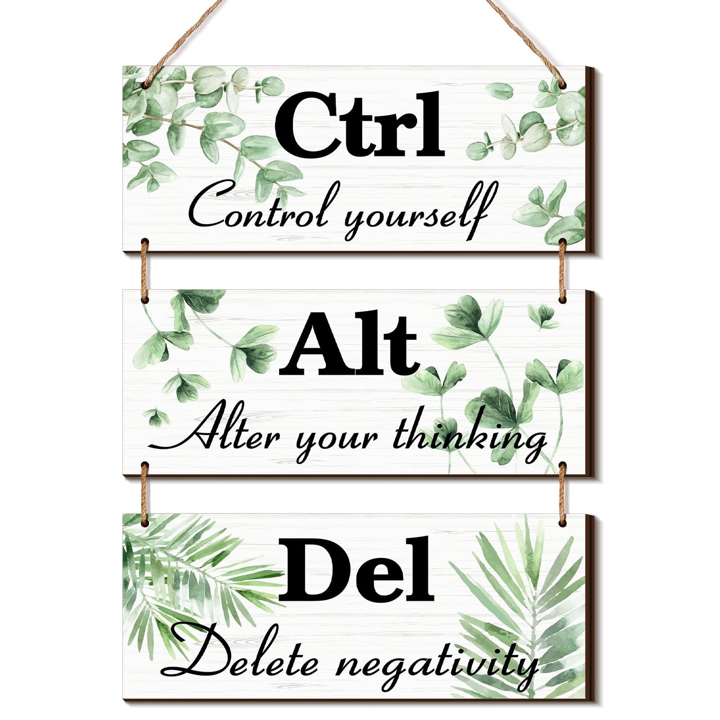 Qunclay 3 Pcs Office Wall Decor Green Leaves Wood Rustic Hanging Cubicle Decor Summer Inspirational Ctrl Alt Del Sign Decoration for Bathroom Indoor Home Living Room