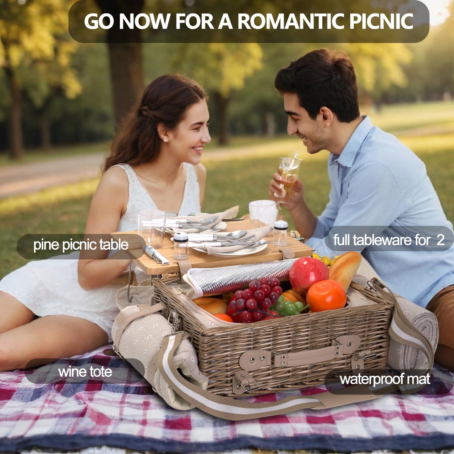 Multifunctional Wicker Picnic Basket Set for 2 with Blanket and Picnic Table, Insulated Picnic Set with Full Tablewares for Camping Outdoor Couples, Flowers