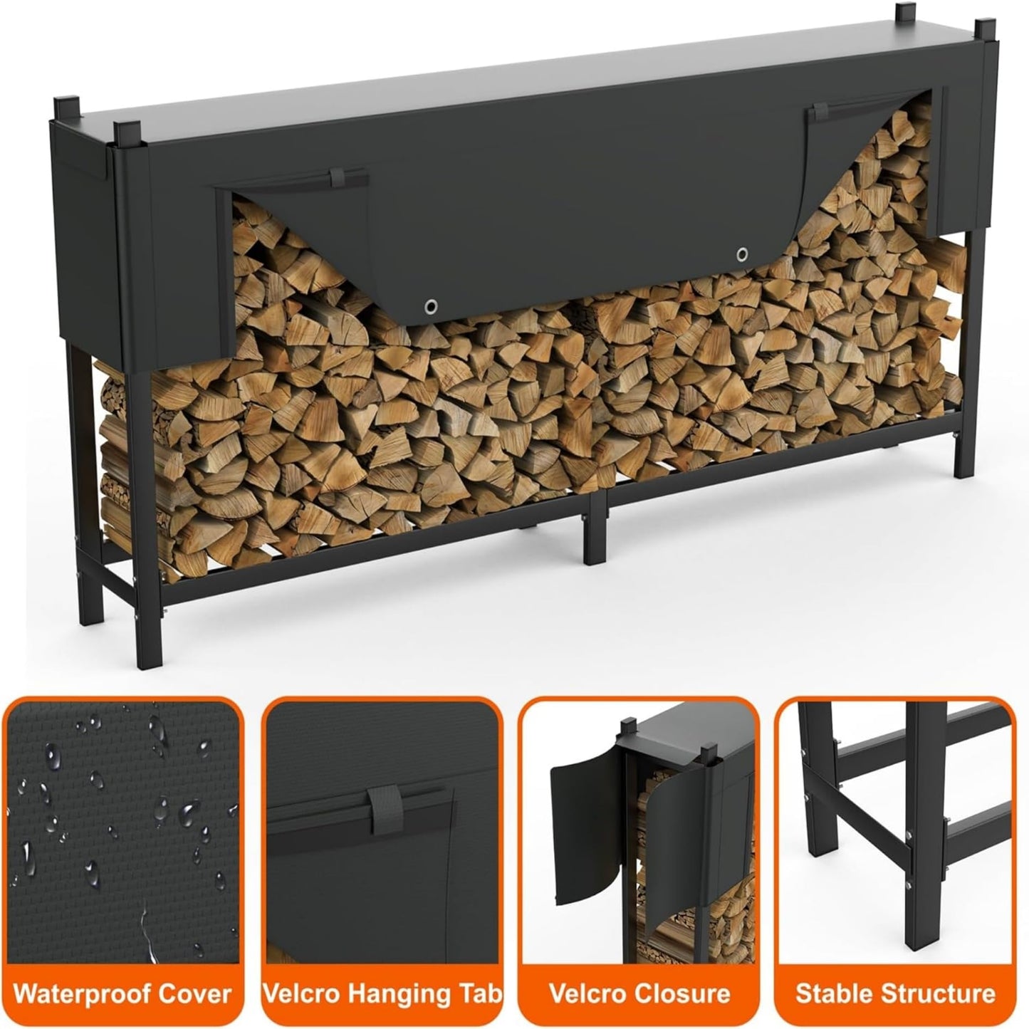 WALMANN Heavy-Duty 6 ft Firewood Rack with Waterproof Cover & Firewood Carry Bag, Outdoor Indoor Wood Log Holder for Fireplace, Patio & Porch, Sturdy Steel Fire Wood Storage Stand