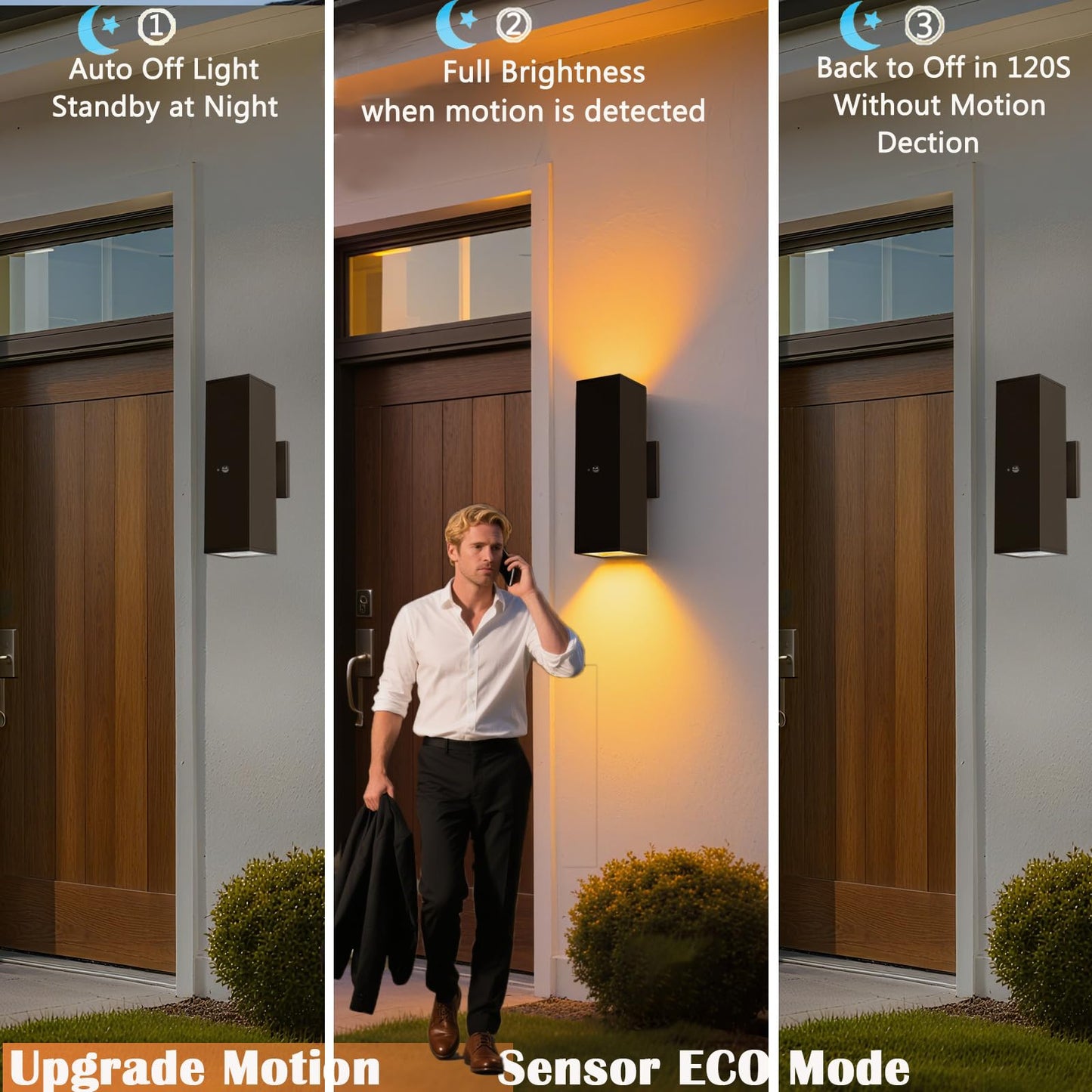 Motion Sensor Outdoor Wall Lights 2-Pack, Dusk to Dawn Exterior Light Fixtures with 3 Lighting Modes, 13'' Up Down Porch Lights with 15W LED Bulbs, Waterproof Wall Sconce for House, Patio, Garage