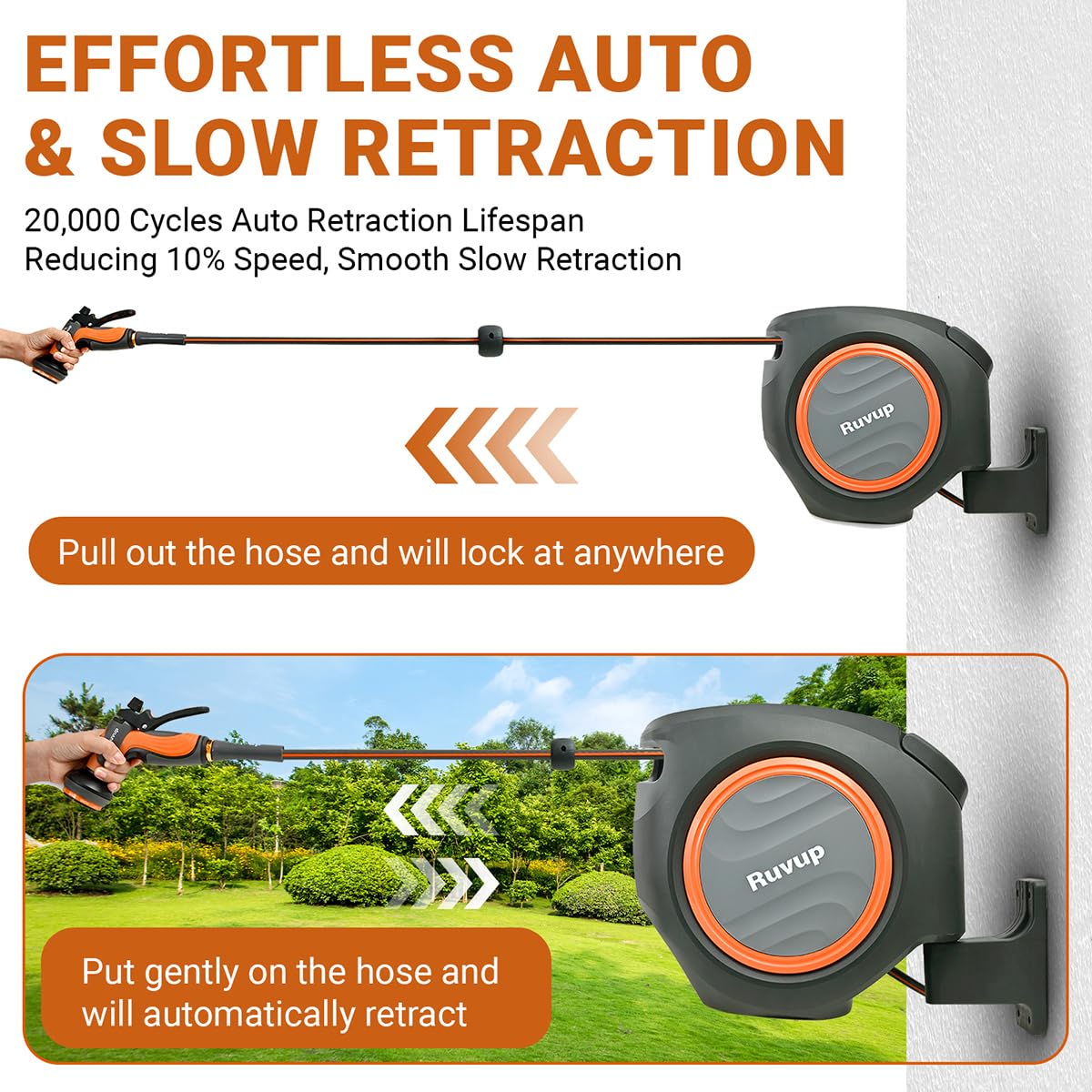 Ruvup Retractable Garden Hose Reel with Metal Bracket, 5/8in x 100ft+6.5ft Water Hose Reel, UV Resistant Automatic Hose Reel Wall Mount for Outside, Slow Retraction Any Length Lock 10 Spray Nozzle