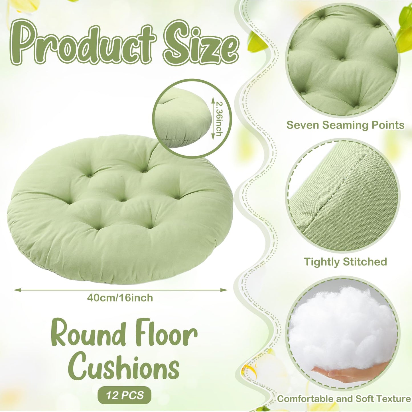 Fumete 12 Pcs Floor Pillows Cushions Seating 16 x 16 Inches Color Round Seat Reading Floor Chair Cushions for Kids Adults Classroom Home School Playing Supplies(Green)