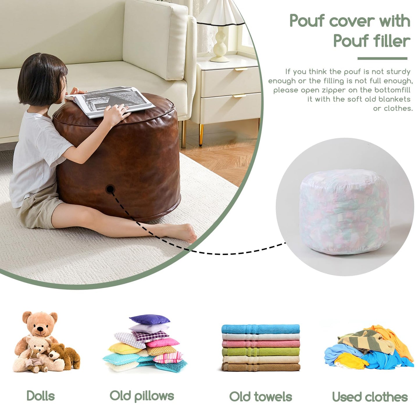 HIGOGOGO Round Stuffed Pouf Ottoman, Pu Leather Poufs with Foam Chunk Filling, Furry and Fluffy Pouf Foot Stool Storage Ottoman, 26 X 18 Floor Poufs Foot Rest for Living Room,Dark Brown