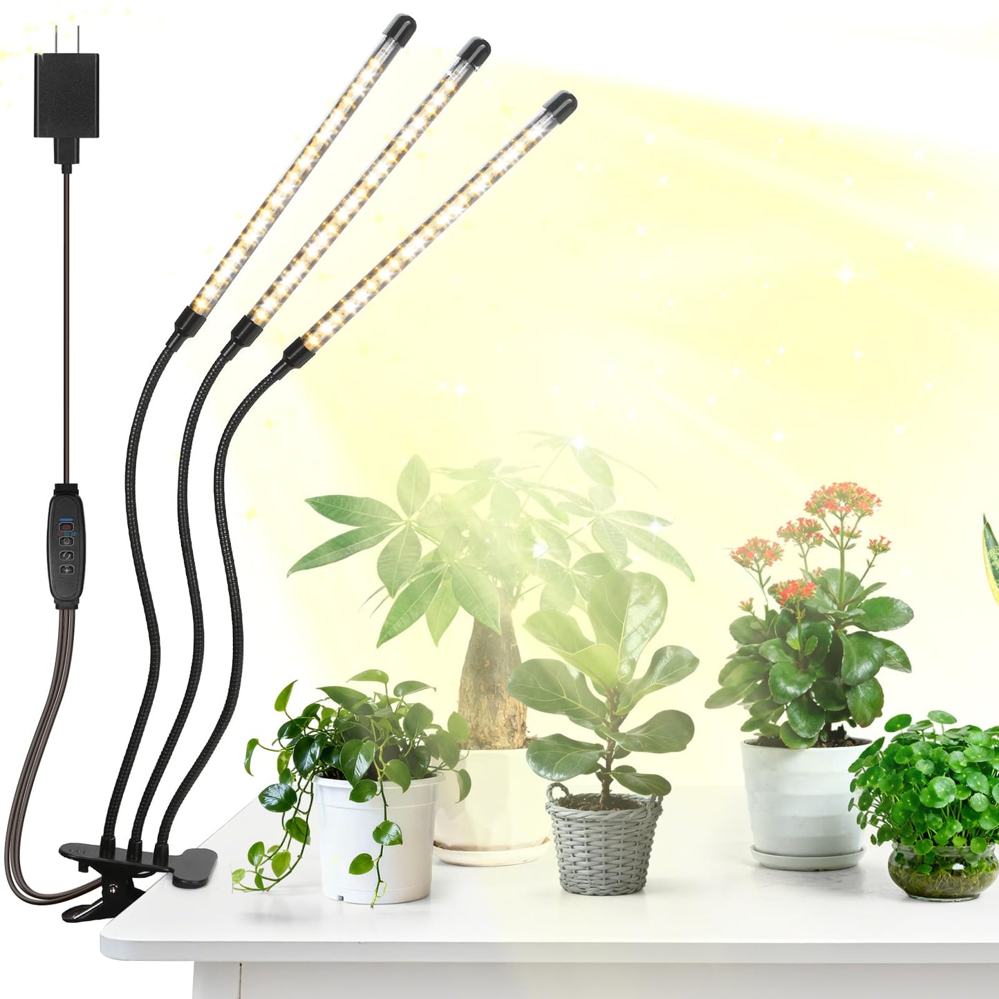 AURAZIGLI Led Grow Lights, 3 Heads Full Spectrum Plant Light with Clamp for Indoor Plants & Seed Starting, 10-Level Dimmable, Auto On Off, Timing 3 9 12Hrs