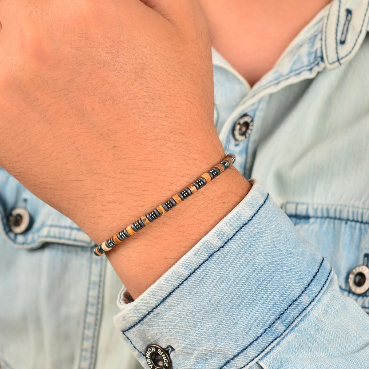 Casvia Picture Stone Beaded Bracelet for Men, Adjustable Hematite Stainless Steel Chain, Durable Mens Jewelry for Daily Wear, Ideal Gift for Father, Boyfriend, Husband