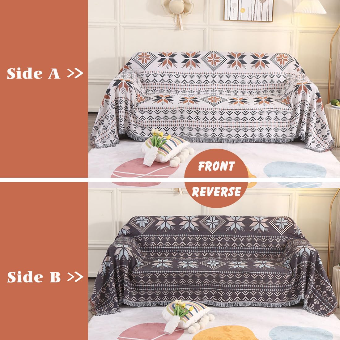 VOPHIA Couch Cover Blanket Boho Sofa Covers Reversible Two-Sided Woven Sofa Slipcovers for Christmas-Washable Thick Soft Throws Cover Blankets for Living Room Home Decor (Maple Leaf, Medium)