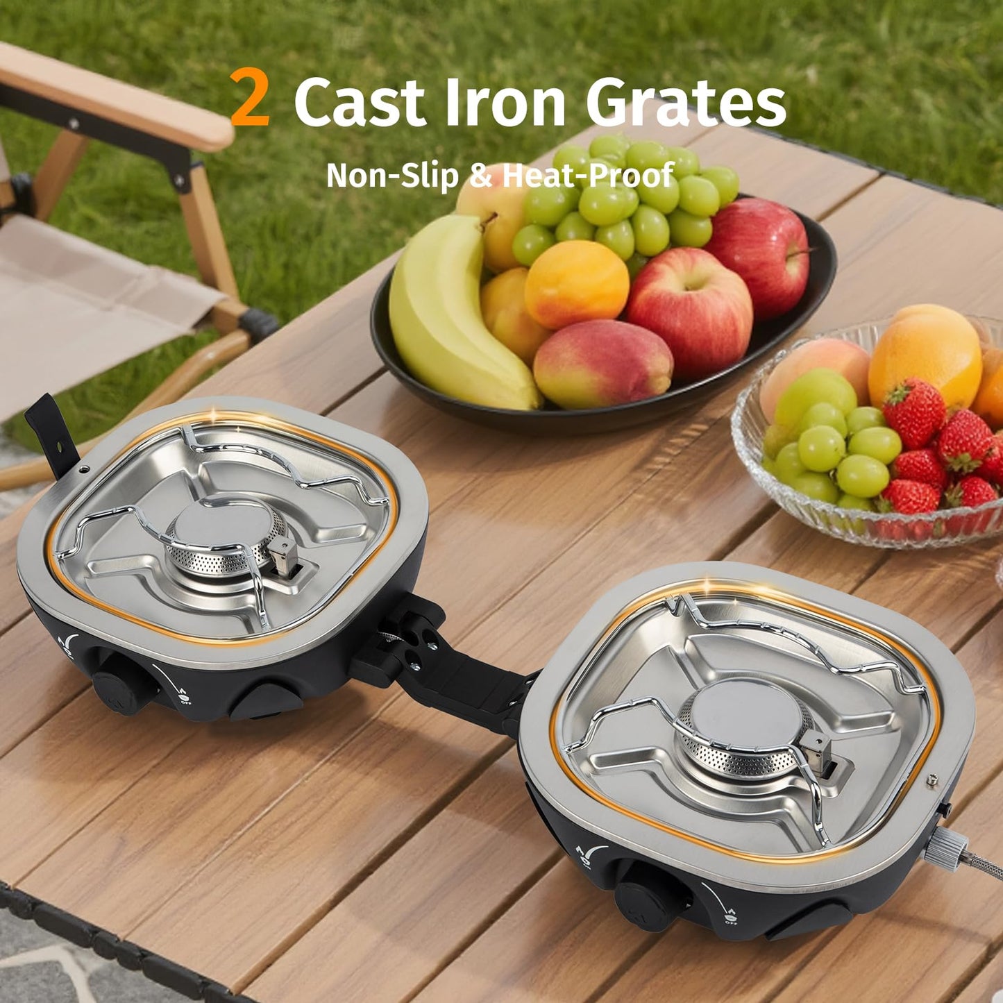 INFOOD Propane Camping Stove 20,000 BTU - Portable 2 Burner Gas Stove with Adjustable Flame Control, Piezo Ignition, Carry Bag & Propane Adapter Hose, Folding Design for Camp, BBQ, Tailgating, Black