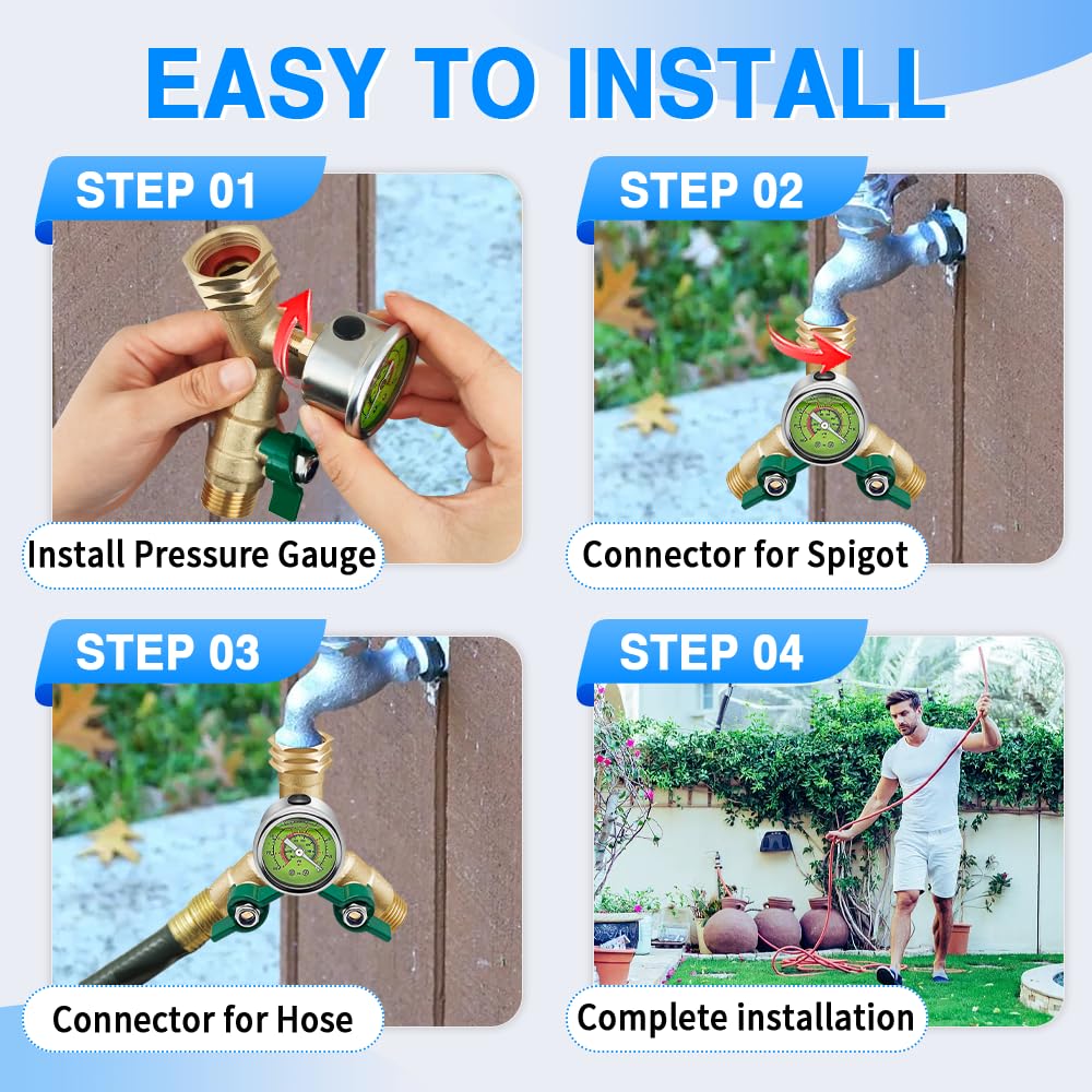 Brass Garden Hose Splitter Full Flow, Hose Splitter 2 Way Heavy Duty, Large Rotate Grip Handles Hose Y Splitter with Shutoff, Garden Hose Splitter with 0-200 PSI Pressure Gauge, 3/4" GHT Threads