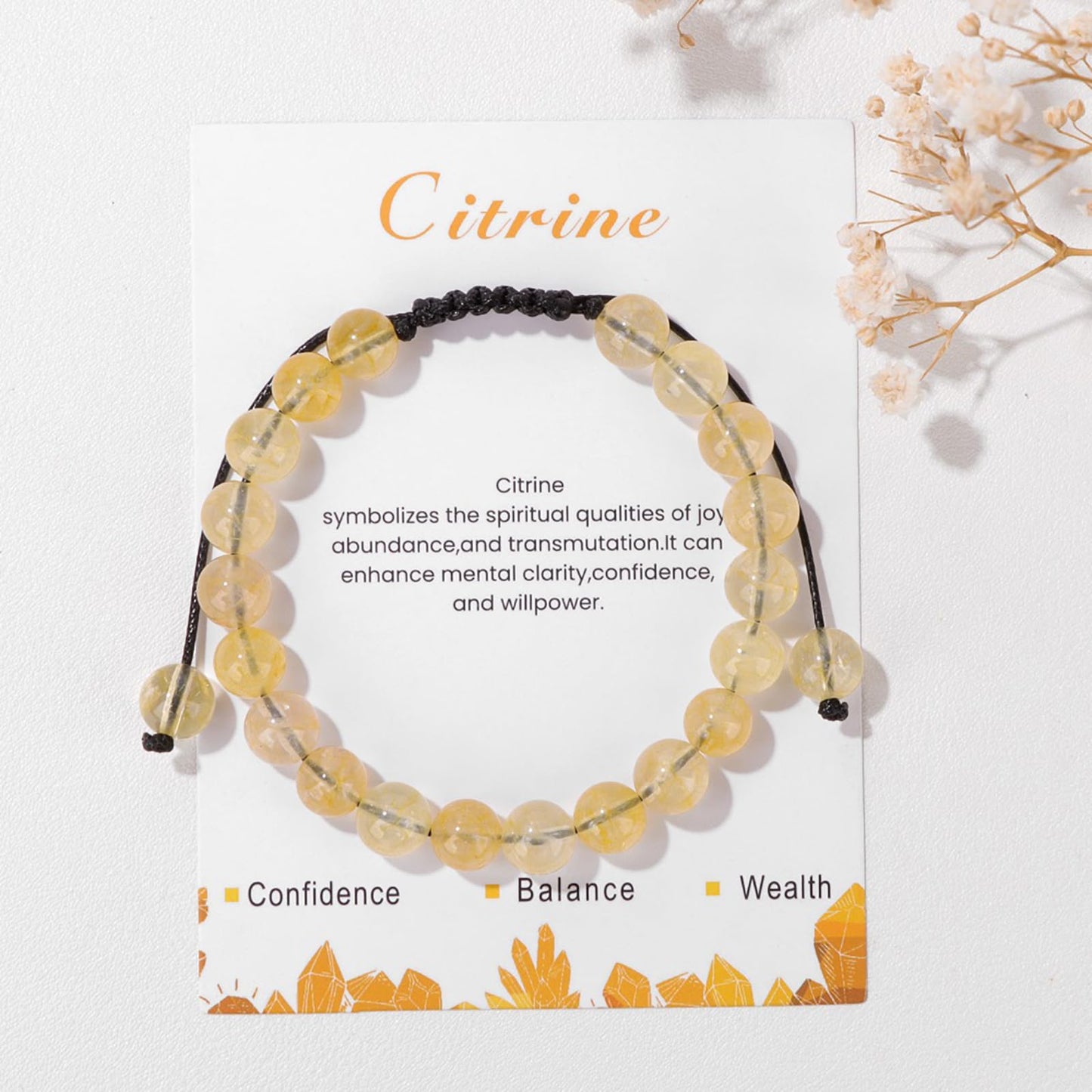 Citrine Bracelet for Women 8mm Handmade Adjustable Citrine Crystal Bracelet Natural Stone Citrine Beaded Bracelet Healing Crystal Bracelets Citrine Jewelry for Women