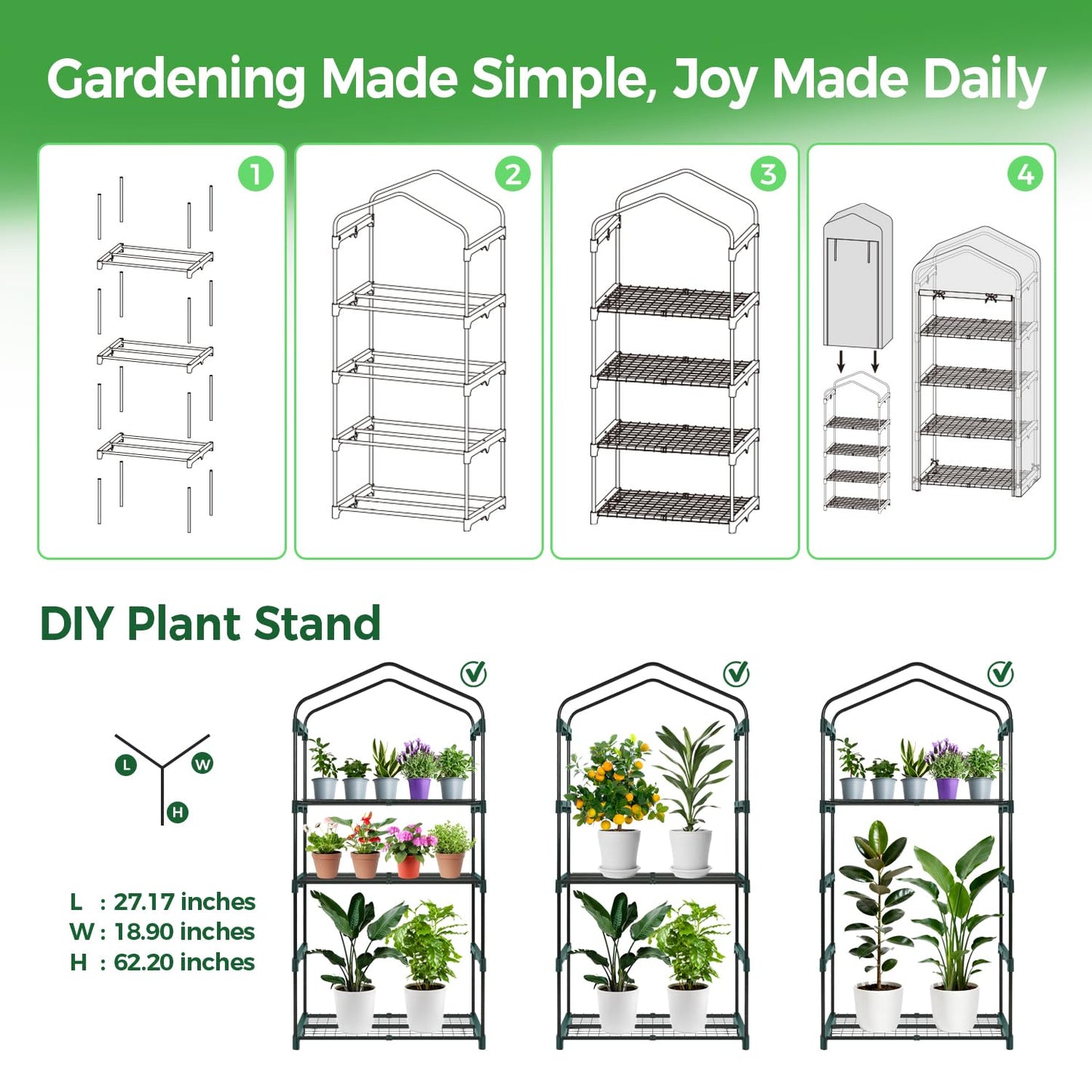 Ohuhu Mini Greenhouse for Indoor Outdoor, 27 x 19 x 62-Inch Small Plant Green House 4-Tier Rack Stand Portable Greenhouses with Durable PE Cover for Seedling, Ideal Gardening Gifts for Women Men
