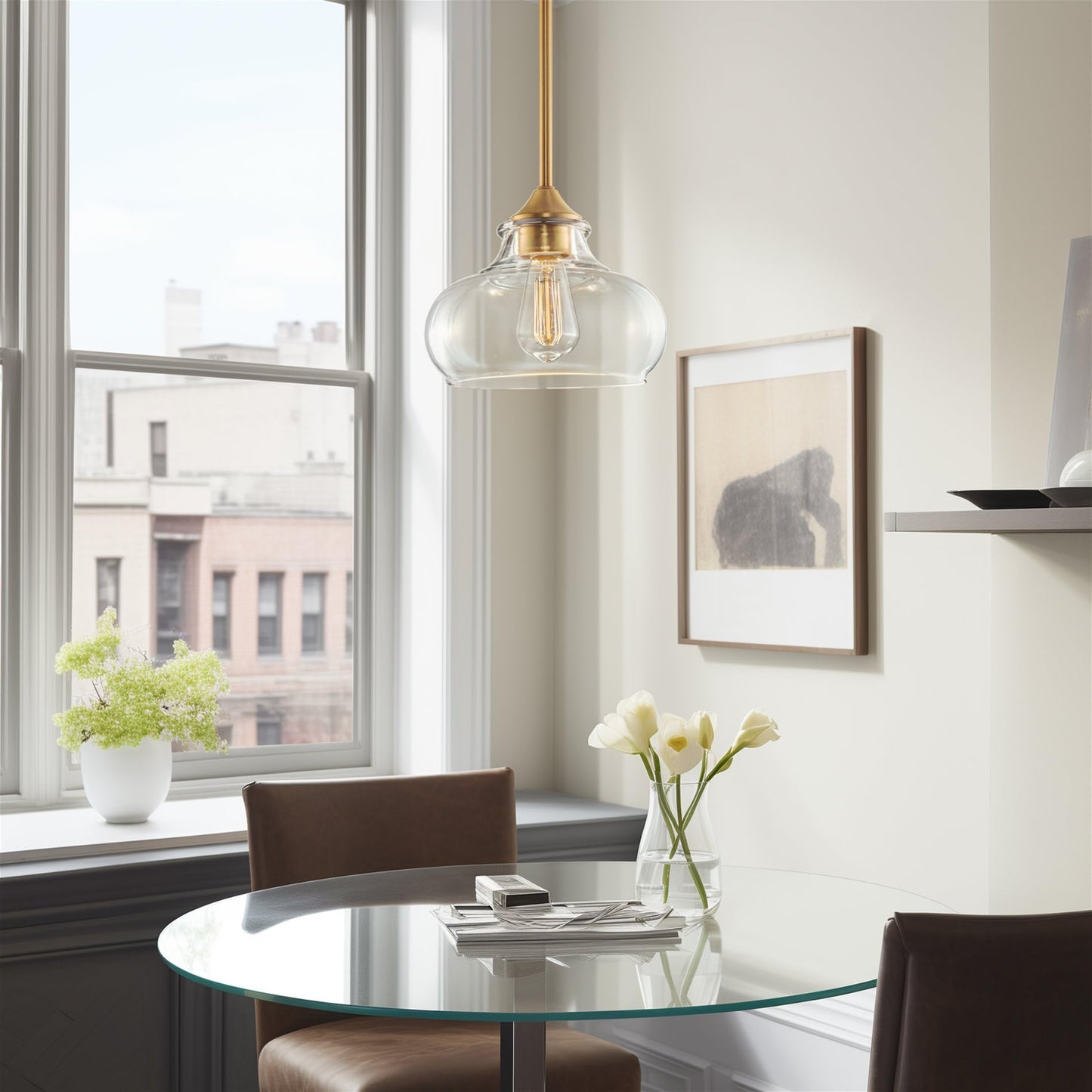 Kira Home Harlow 9" Modern Schoolhouse Pendant Light with Clear Glass Shade, Industrial Farmhouse Hanging Light with Schoolhouse Glass, Warm Brass Finish