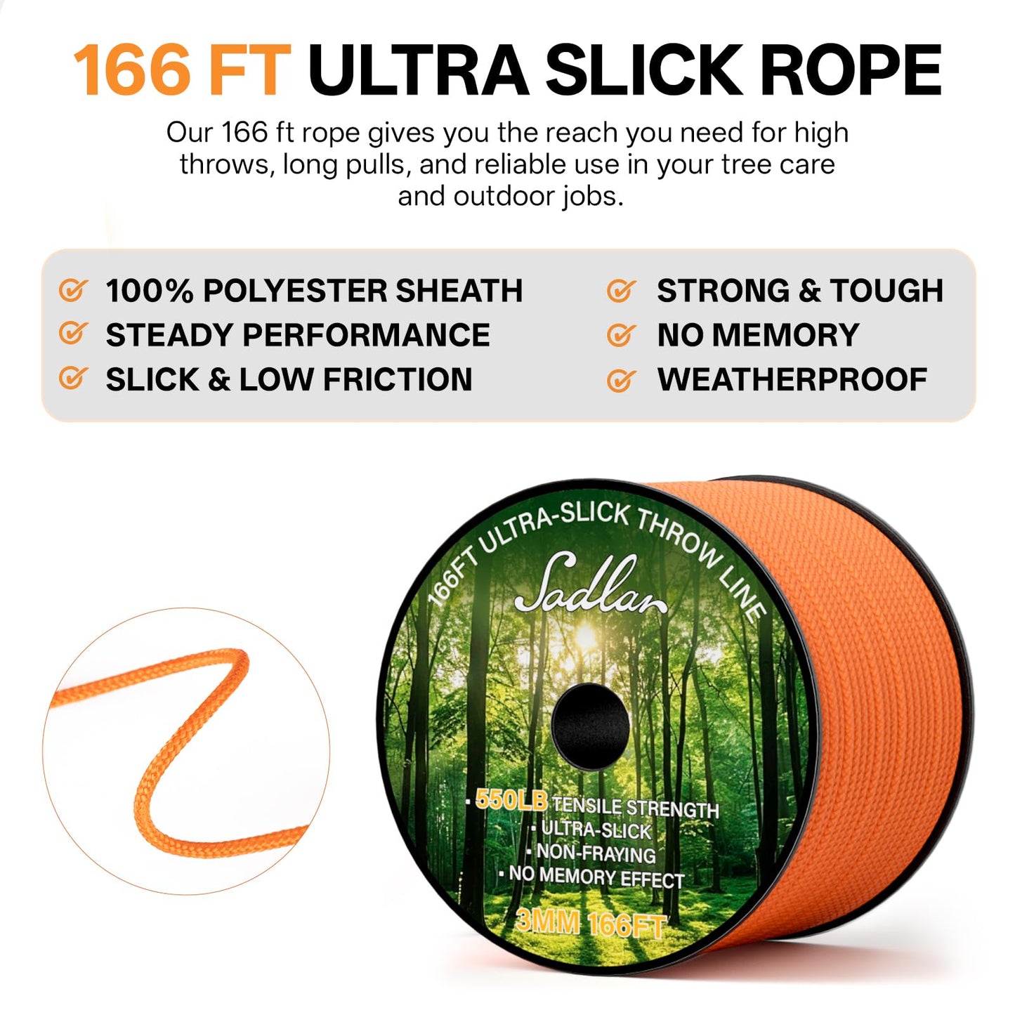 Arborist Throw Line Kit - Ultra Slick 166ft Polyester Rope with 11Oz Weight Throw Bag Low High Limb Throwing Adults Forestry Tree Trimming Cutting Gear