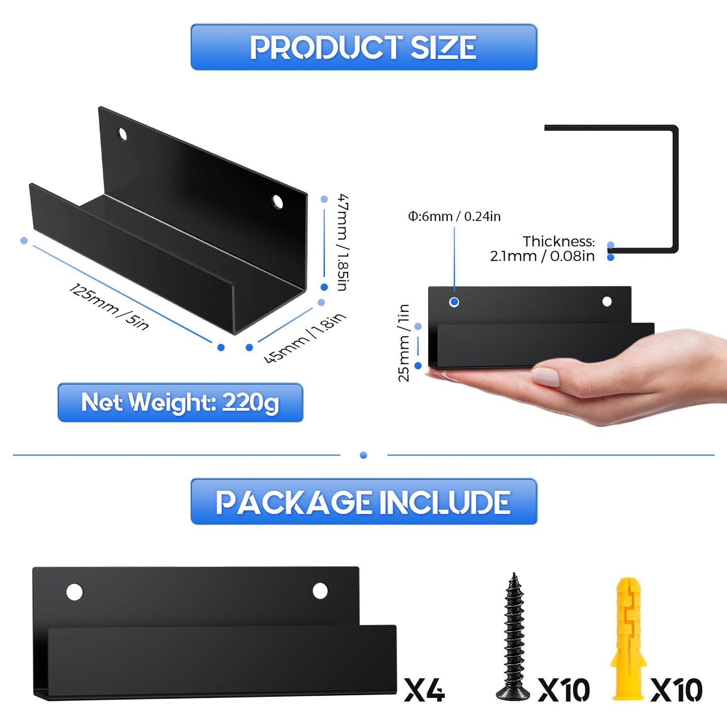 4Pcs Wall Tile Hanger Bracket, Ladder Wall Bracket, Wheelbarrow Storage Bracket for Garage, 5in Length, 1.6in Inner Width, Heavy Duty 2.1mm Thicker Cold-Rolled Steel Wall Hanger Fastener Black