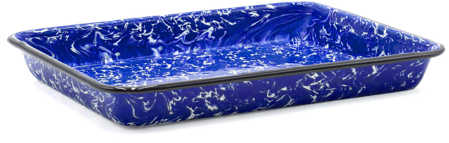 Red Co. 11" x 9" Enamelware Metal Classic 2 Quart Rectangular Serving Tray, Navy Blue Marble/Black Rim - Splatter Design
