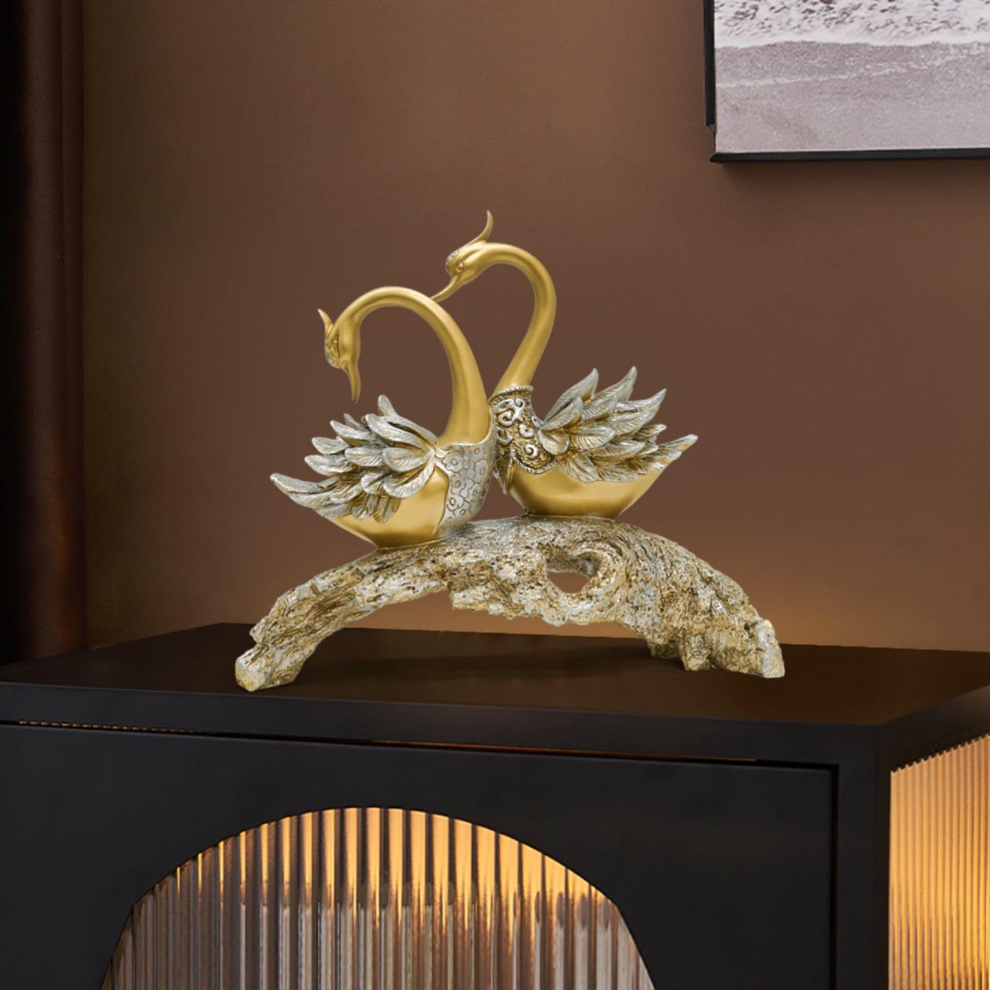BULUXE 14.2" Gold Couple Swan Decor Figurine Modern Simulation Animal Sculpture Art Ornament Home Table Statue