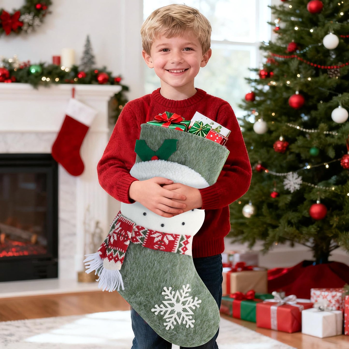 Fruasio 18.5 Inch Christmas Stockings for Hanging Set for 3, Large Xmas Fireplace Mantel Socks with Snowman, Reindeer & Santa, Classic Holiday Hanging Decorations for Home, Party & Gift Stuffers
