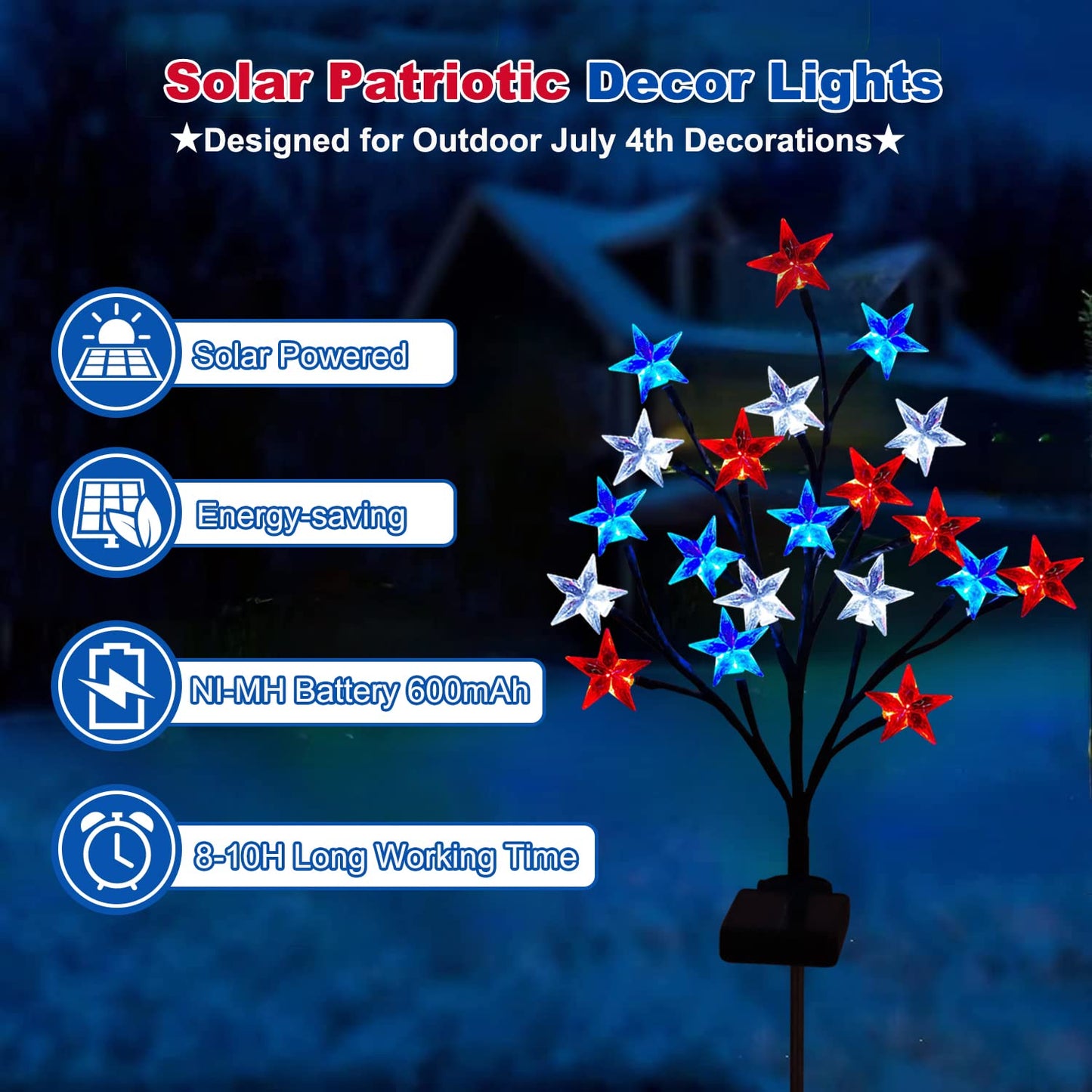 2 Packs Solar 4th of July Decorations Outdoor Lights, Solar Red White and Blue Star Pathway Lights, Waterproof Outdoor Patriotic Decorations Lights for July 4th Memorial Day Garden Yard Pathway Grave