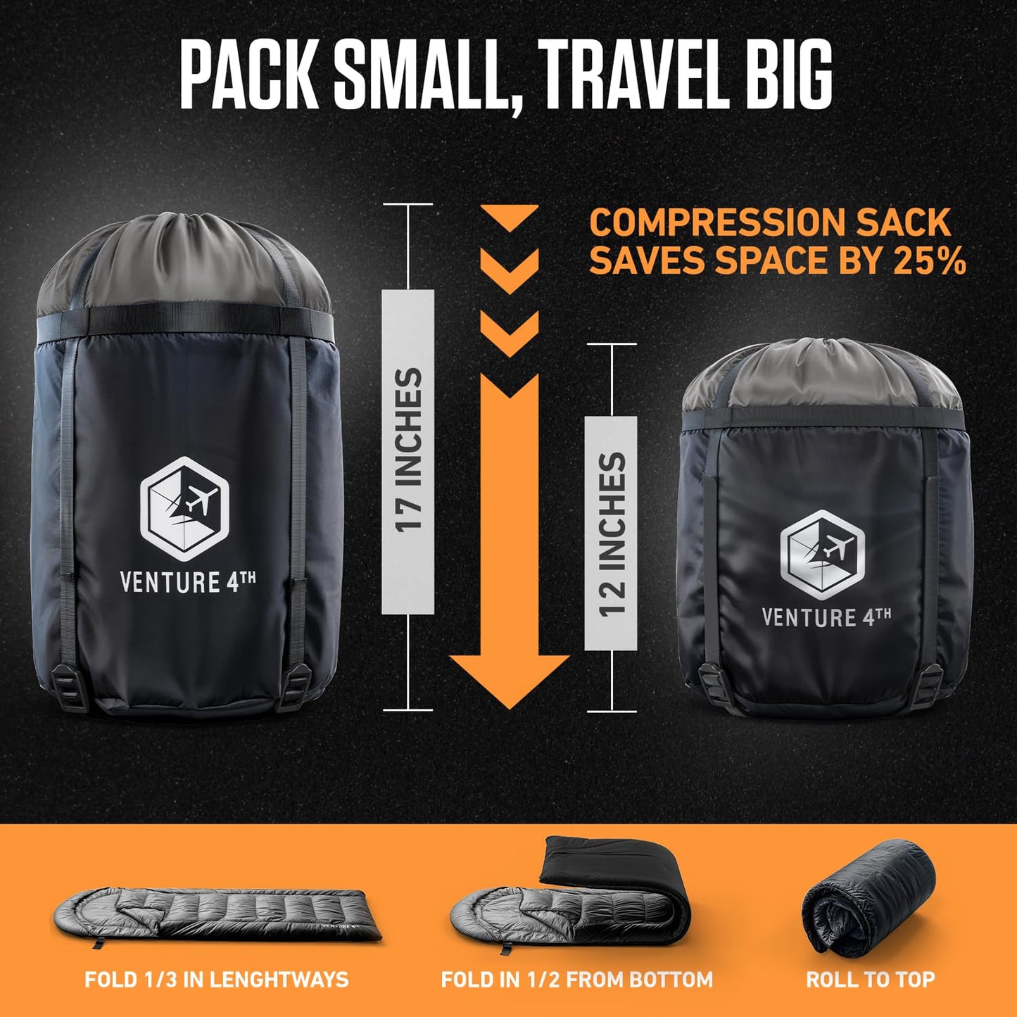 VENTURE 4TH 3-Season XXL Backpacking Sleeping Bag, Camping Sleeping Bags for Adults & Kids - Lightweight, Comfortable, Water Resistant, Ideal for Hiking, Camping & Outdoor – Silver/Black