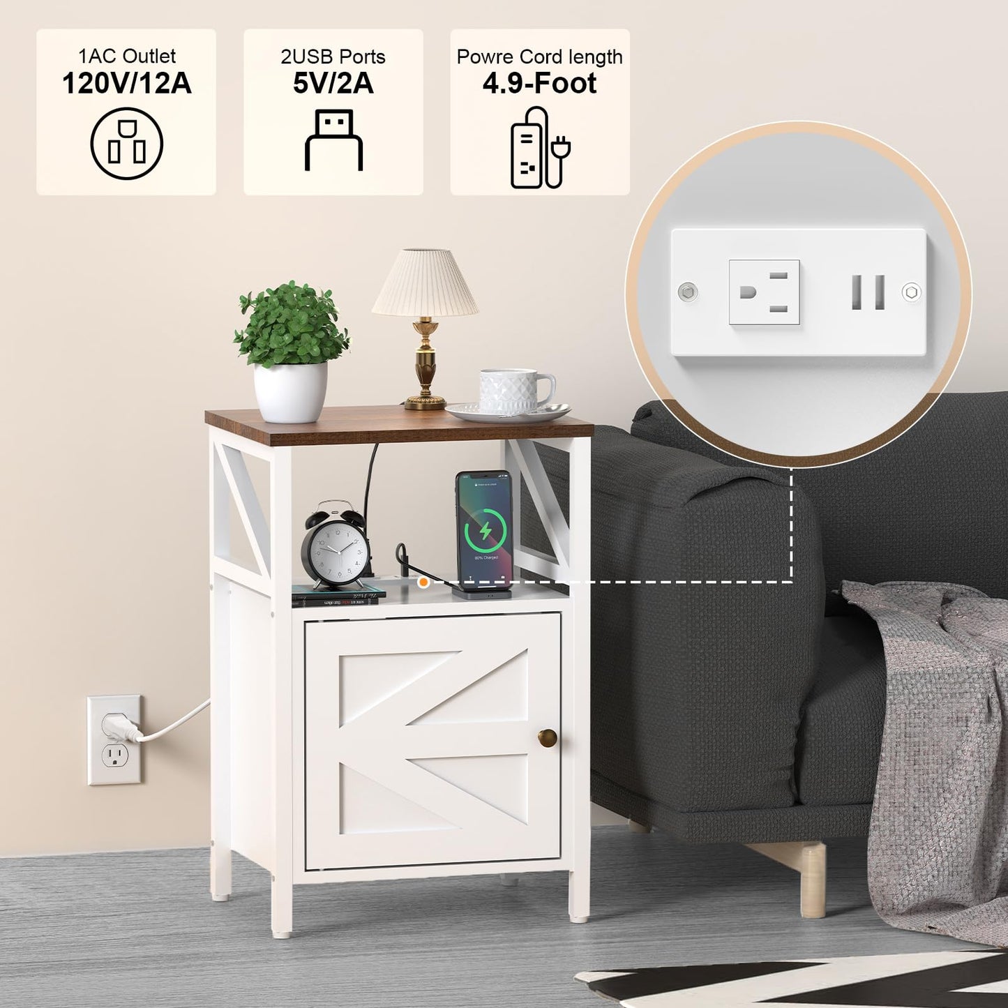 Farmhouse Side Table with Charging Station -3-Tier USB Ports & Outlets End Table, Compact Bedside Storage Table for Small Spaces, Multi-Functional Accent Table for Bedroom, Living Room, Couch Entryway
