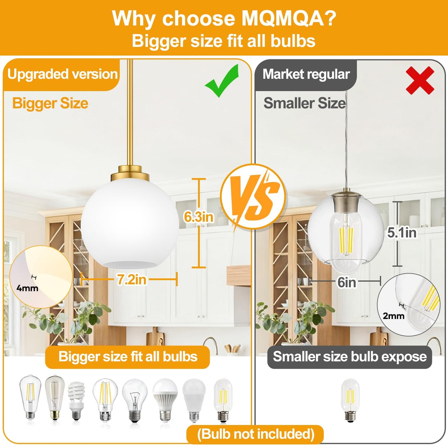 2 Pack 7.2-Inch Globe Pendant Lights, Mid Century Gold Pendant Light Fixtures, Globe Pendant Lights Kitchen Island with Milk Glass Shade Adjustable Hanging Fixture for Dining Room (Bulbs not Included)