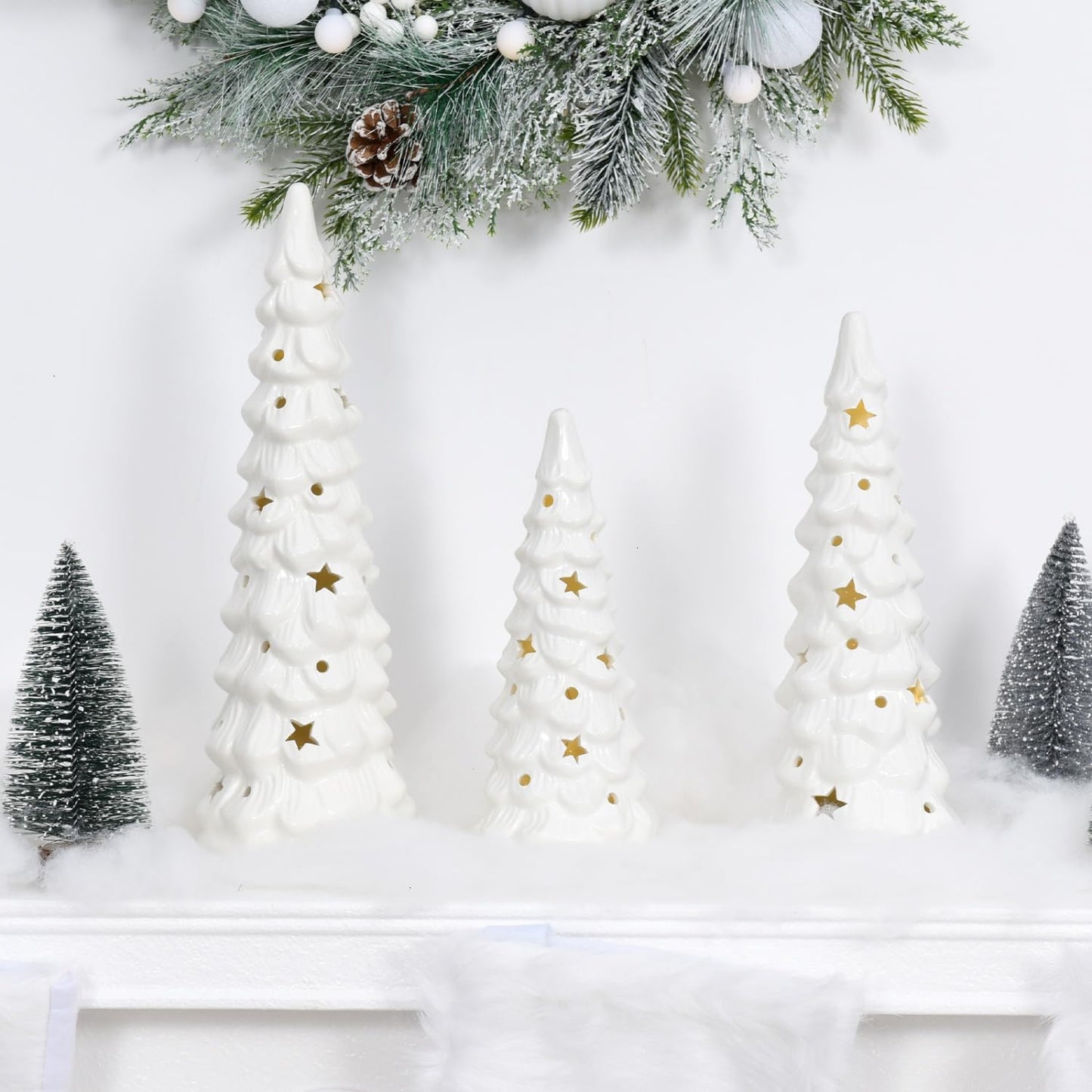 JETEHO Set of 3 White Ceramic Christmas Trees Tabletop Christmas Tree with Stars and Dots Cutouts Ceramic White Christmas Decorations for Home
