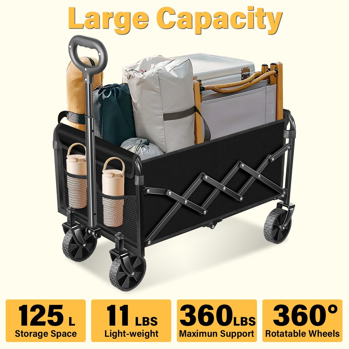 Wagons Carts Foldable - Collapsible Wagon 360Lbs, Folding Wagon Cart with Wheels, Foldable Wagons Portable for Groceries, Sports, Camping, Storage, Travel, Shopping -Jet Black