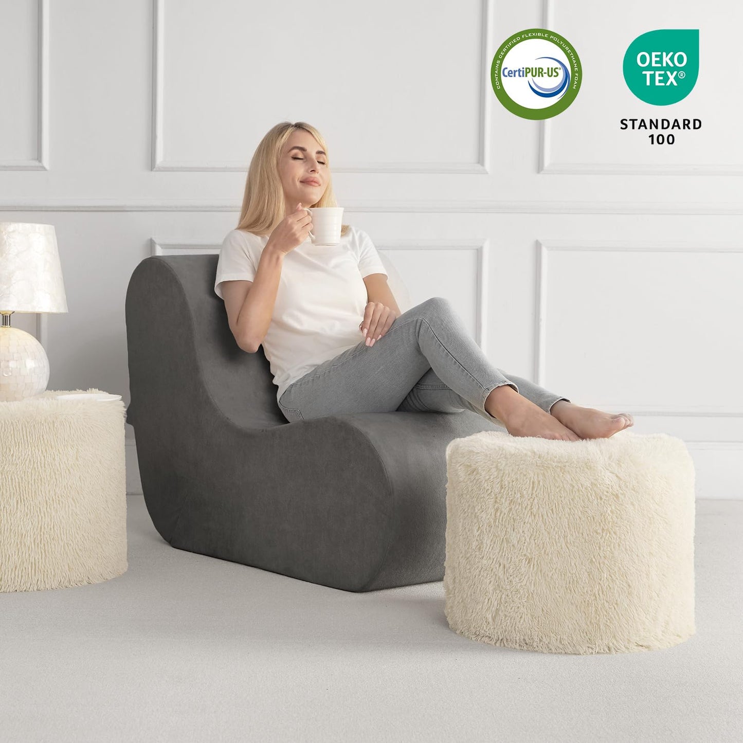 Hansleep Round Stuffed Pouf Ottoman 20 x 15, Foam Filled Faux Fur Ottoman Foot Rest for Chair with Washable Cover, Foot Stools Under Desk for Living Room & Bedroom, Beige