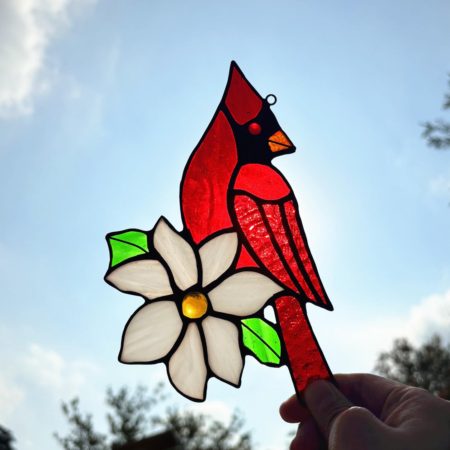 Lcensp 2 Packs Stained Glass Red Cardinal Memorial Gifts for Women, Stained Glass Window Hanging, Red Cardinal on Branch Ornament Suncatcher, Handmade Bird Decor Gift for Mom, Bird Lover