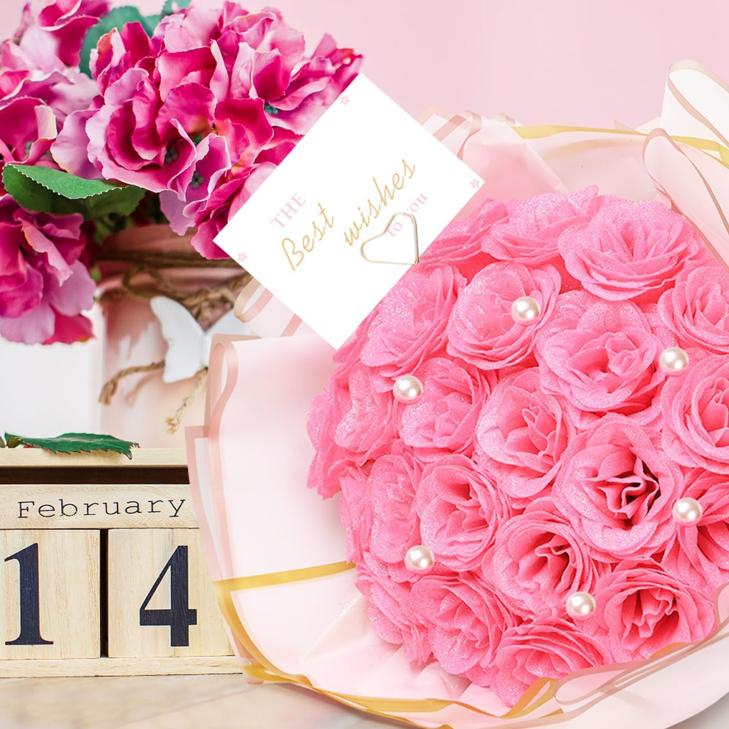 TLY Glitter Roses Bouquet,24 Pcs Pink Flower Bouquet,Birthday Gifts for Women,DIY Artificial Flowers for Mom Grandma Wife Girlfriend Mother's Day Graduation Anniversary Engagement Wedding