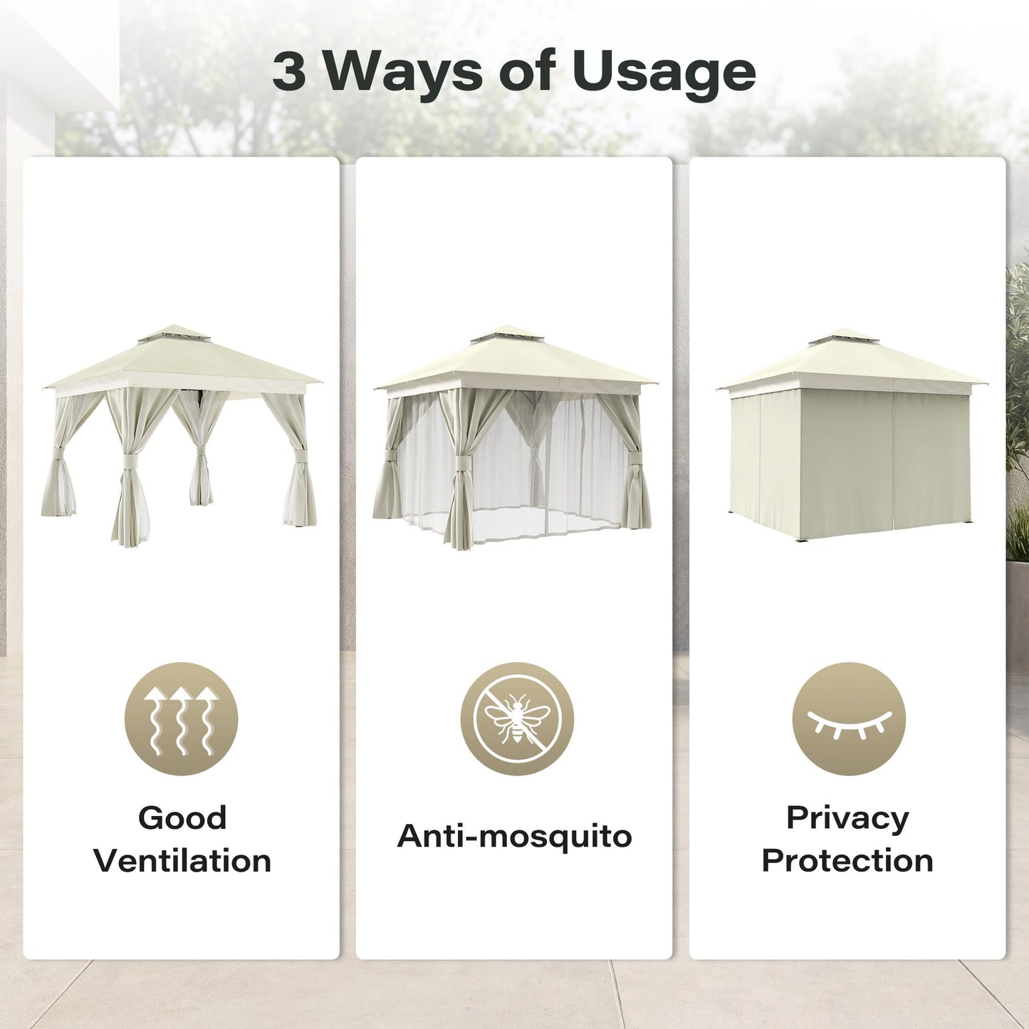 EO Living 10' x 10' Outdoor Patio Gazebo, Heavy-Duty Galvanized Steel Frame with Double-Tier Roof, Mosquito Netting & Privacy Curtains for Backyard, Patio & Lawn, Cream White