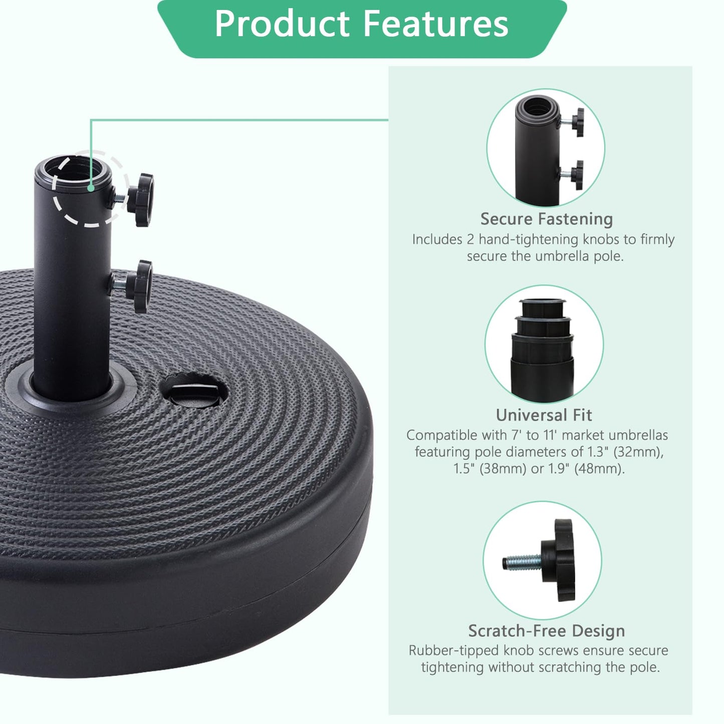 Helios&Hestia 60 lb Heavy Duty Round Umbrella Base, Plastic Water and Sand Fillable Outdoor Stand Weight for Patio Market Table Umbrella, Black