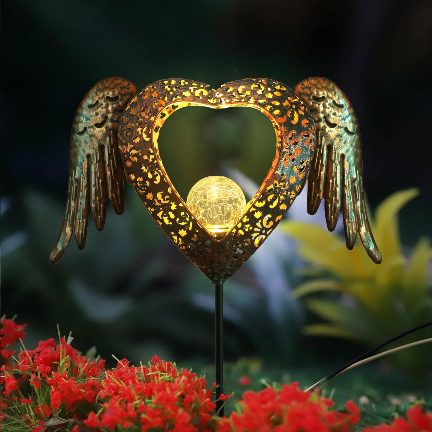GOODME Solar Garden Lights Waterproof Metal Solar Warm White LED Stake Light Memorial Gift Metal Stakes Lights Crackle Glass Light for Lawn, Pathway, Patio Decor (Heart-Wing)