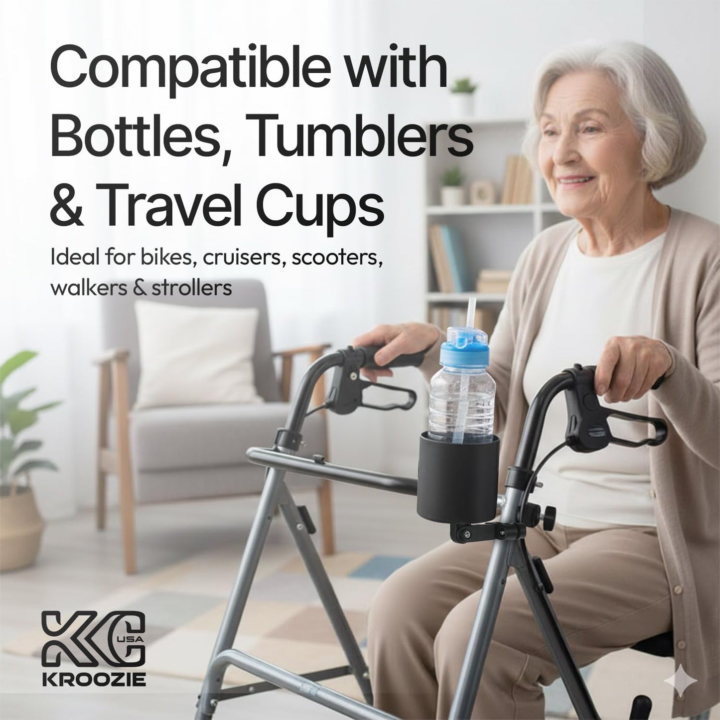 Kroozie Deluxe Stainless Steel Bike Cup Holder for Motorcycles, Strollers, Beach Cruisers, Wheelchairs, and ATVs - Fits Vertical or Angled Bars and Holds Drinks up to 48 oz