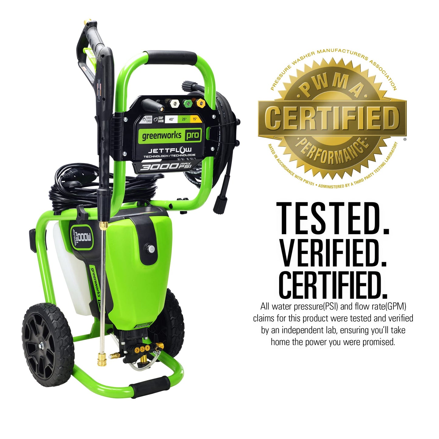 Greenworks Pro Brushless 3000 PSI (CSA Certified) 2.0 Max / 1.1 Electric Pressure Washer (Rugged Steel Frame, 25 Hose, 35 GFCI Power Cord)
