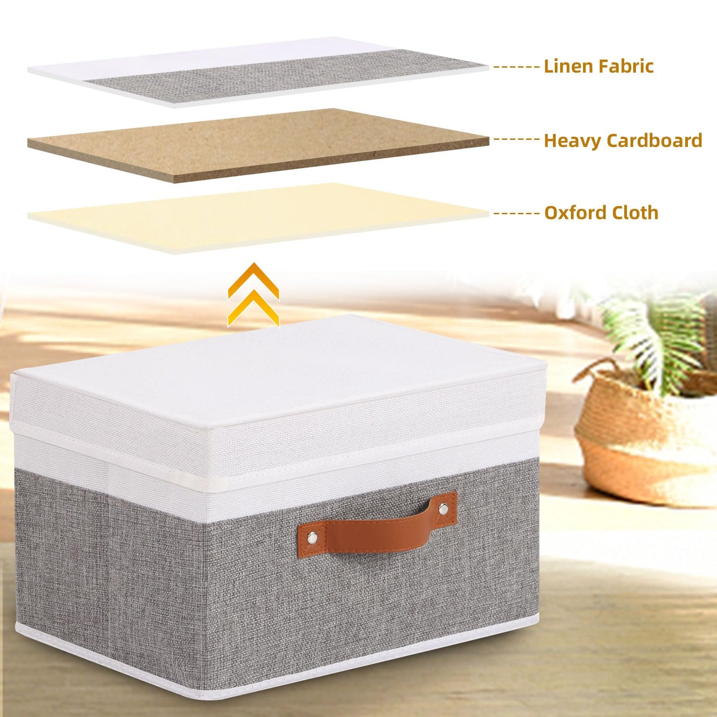 YheenLf Fabric Storage Bin, Storage Basket with Lids, Closet Organizer Box with Handles for Shoes Books Towels, White and Grey, 1 Pack, 13 x 9.1 x 7.9 Inch