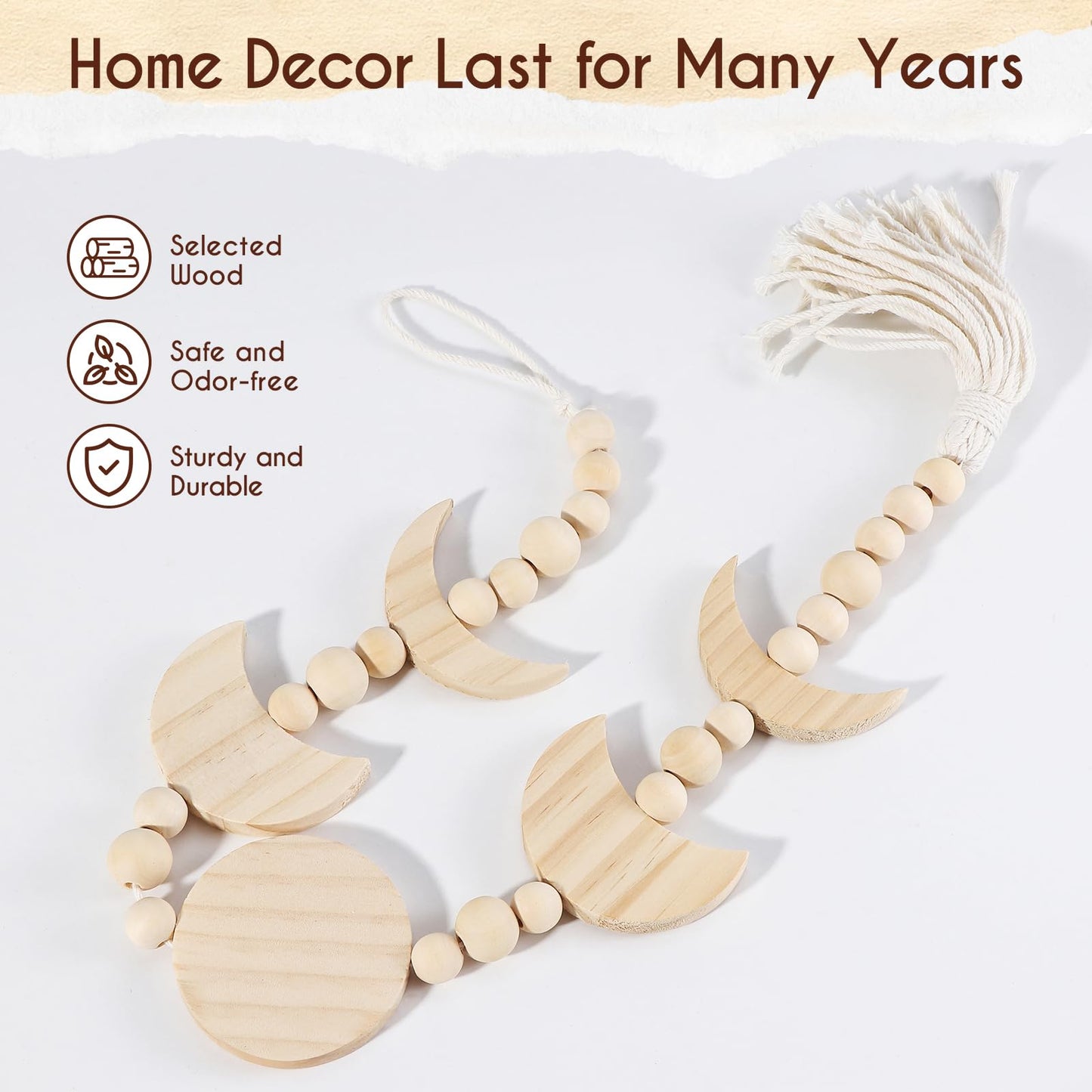 Wooden Moon Phase Wall Hanging, Celestial Bedroom Decor Aesthetic Boho for Home (Beige)