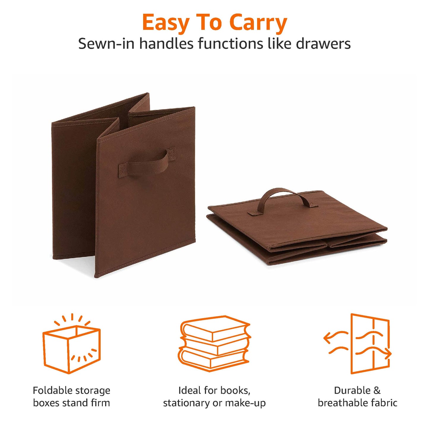Amazon Basics Collapsible Fabric Storage Bins with Handles, Cube Organizer, Lightweight Fabric, 10.5"x10.5"x11", Brown, 6-Pack