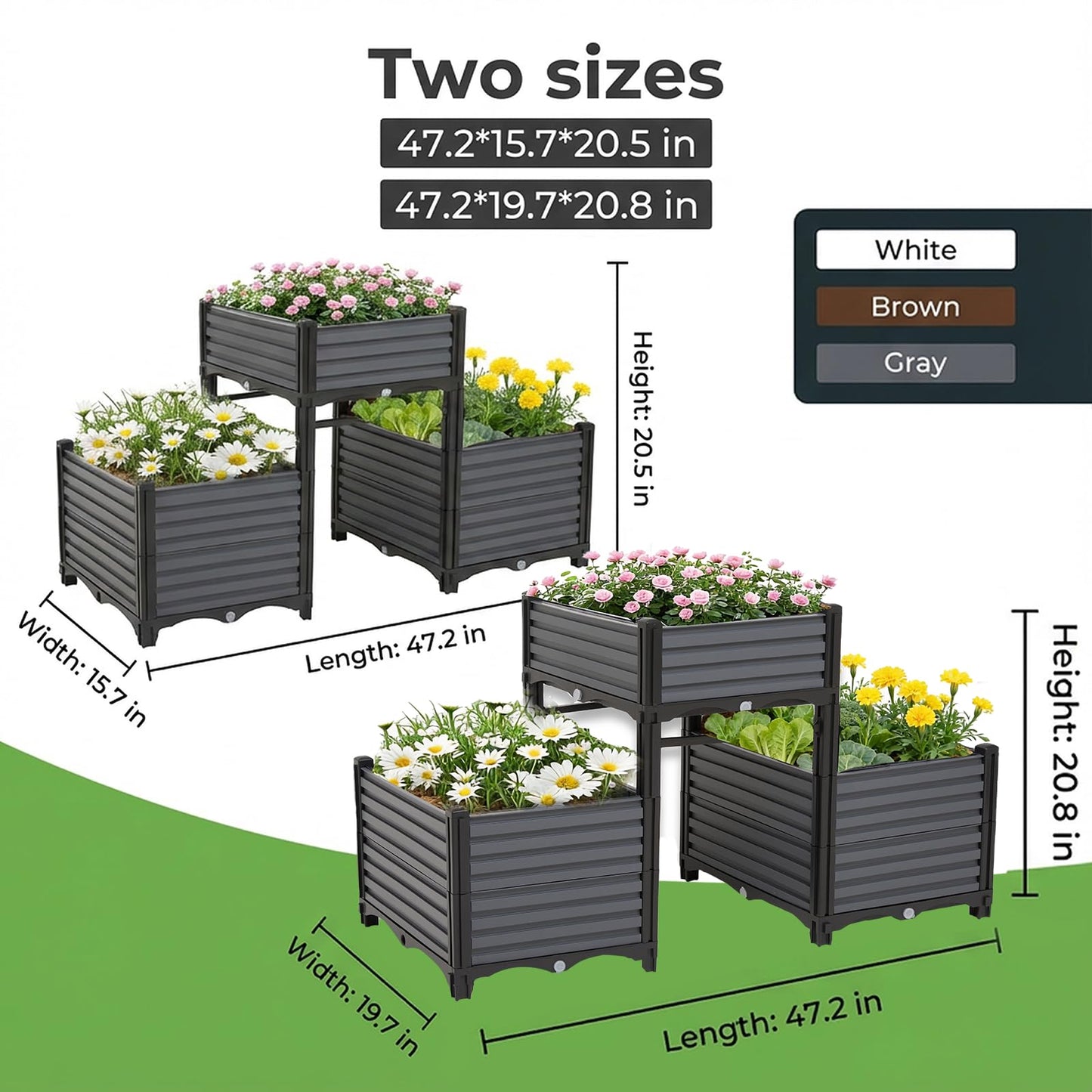 3PCS Raised Garden Beds Outdoor with Legs Planter Box, 47x16x21in Reinforced Support Rods, Drainage Grid, Multi-Combination Options for Vegetables, Flowers, Herbs, Ideal for Balcony, Patio Gardening