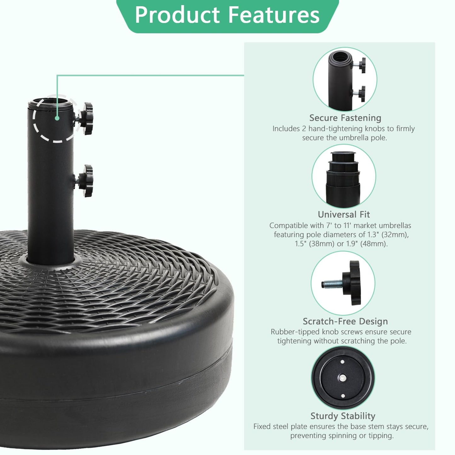 Helios&Hestia 70 lb Heavy Duty Round Umbrella Base, Plastic Water and Sand Fillable Outdoor Stand Weight for Patio Market Table Umbrella, Black
