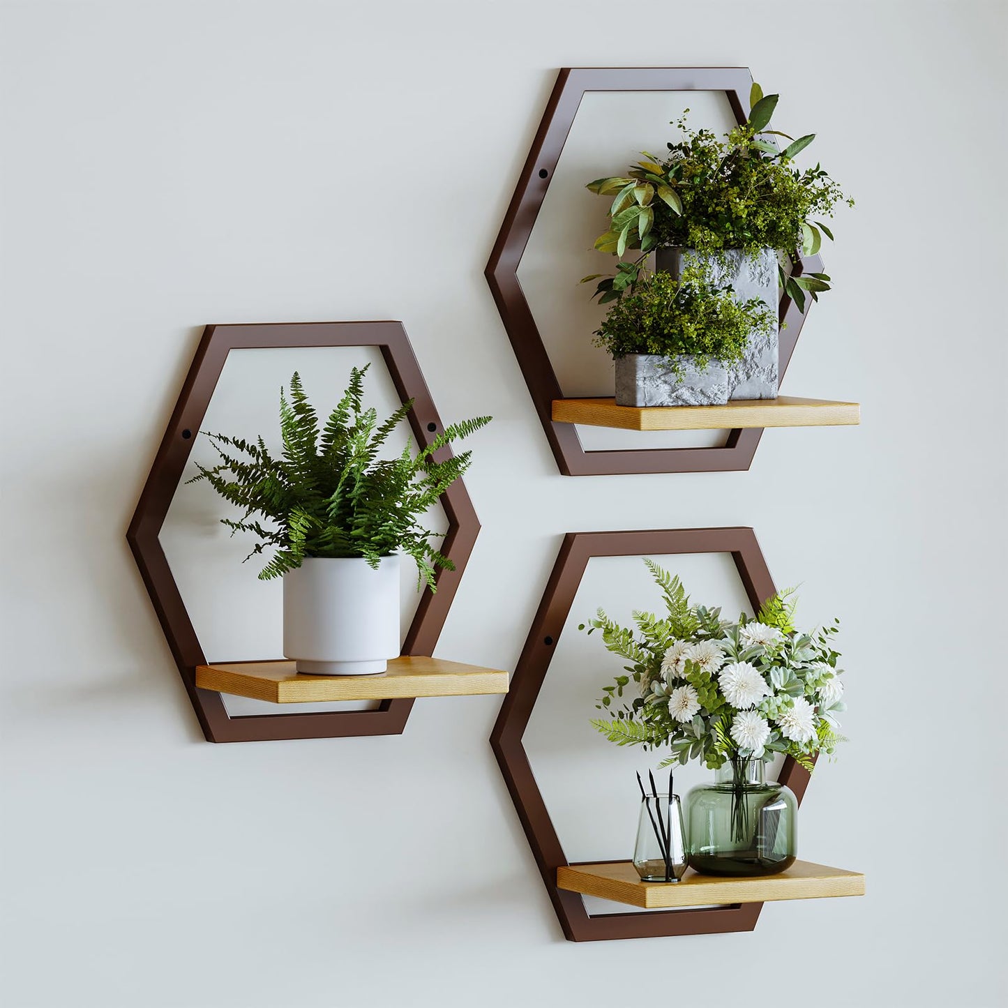 Rioneta 3 Pack Solid Wood & Heavy Duty Metal Wall Plant Stands,9 inch Natural Wood Shelf, Boho Arch Hanging Planter for Indoor 25 LB Load for Plants Coffee