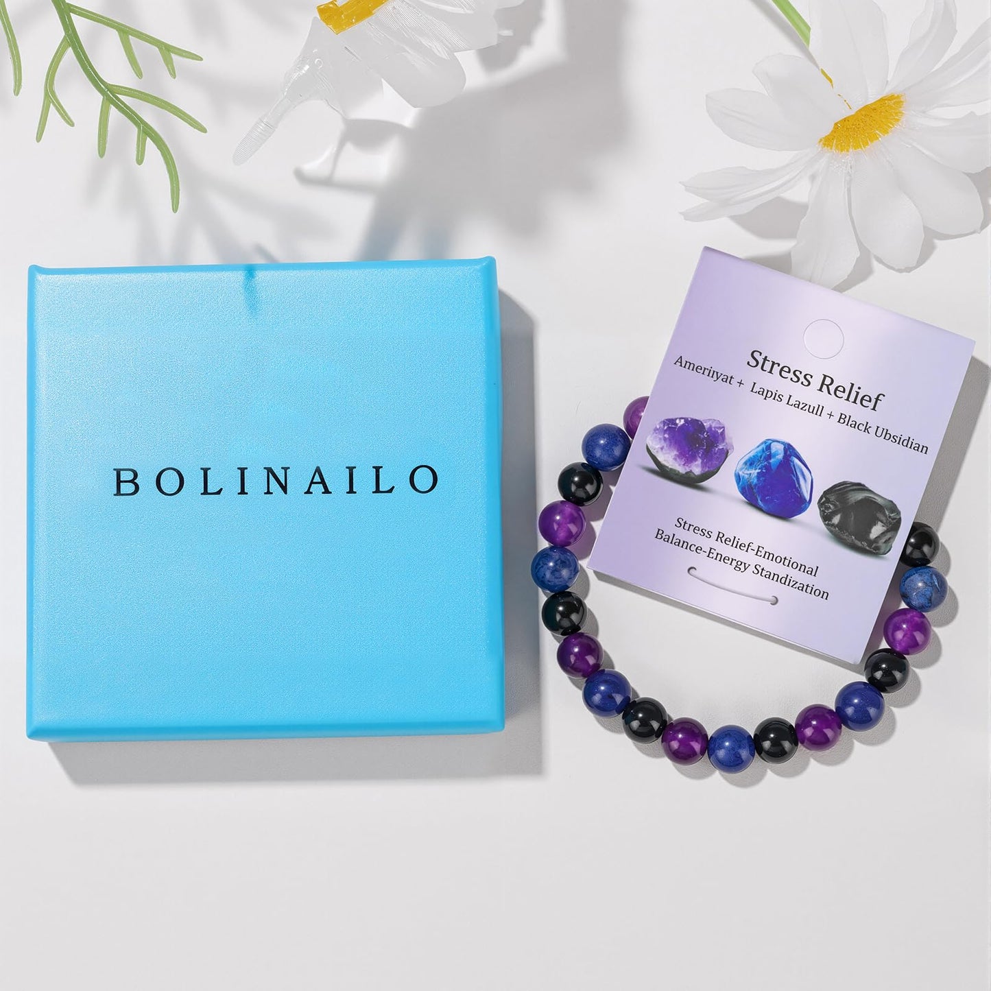 Healing Crystal Bracelet for Women Men 8mm Around Beaded Bracelet Amethyst Lapis Lazuli Black Obsidian Natural Stone Handmade Stretch Anxiety and Stress Bracelet Beads Spiritual Crystal Jewelry Gifts