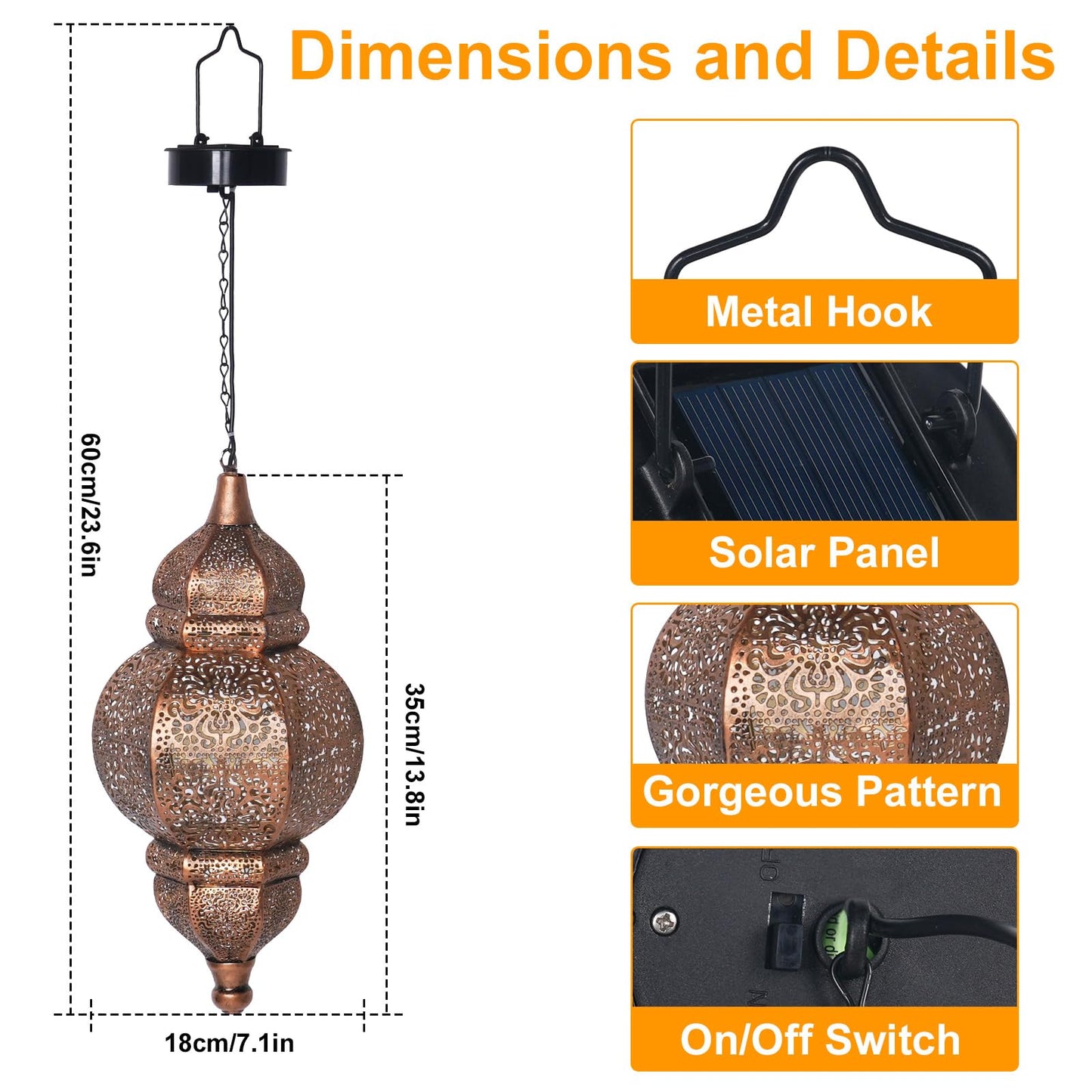 Hanging Solar Lights, Outdoor Decor Solar Lantern, Waterproof Metal Moroccan Lantern for Outside Patio Pathway Yard Front Porch Backyard Garden Decorative (1 Pack)