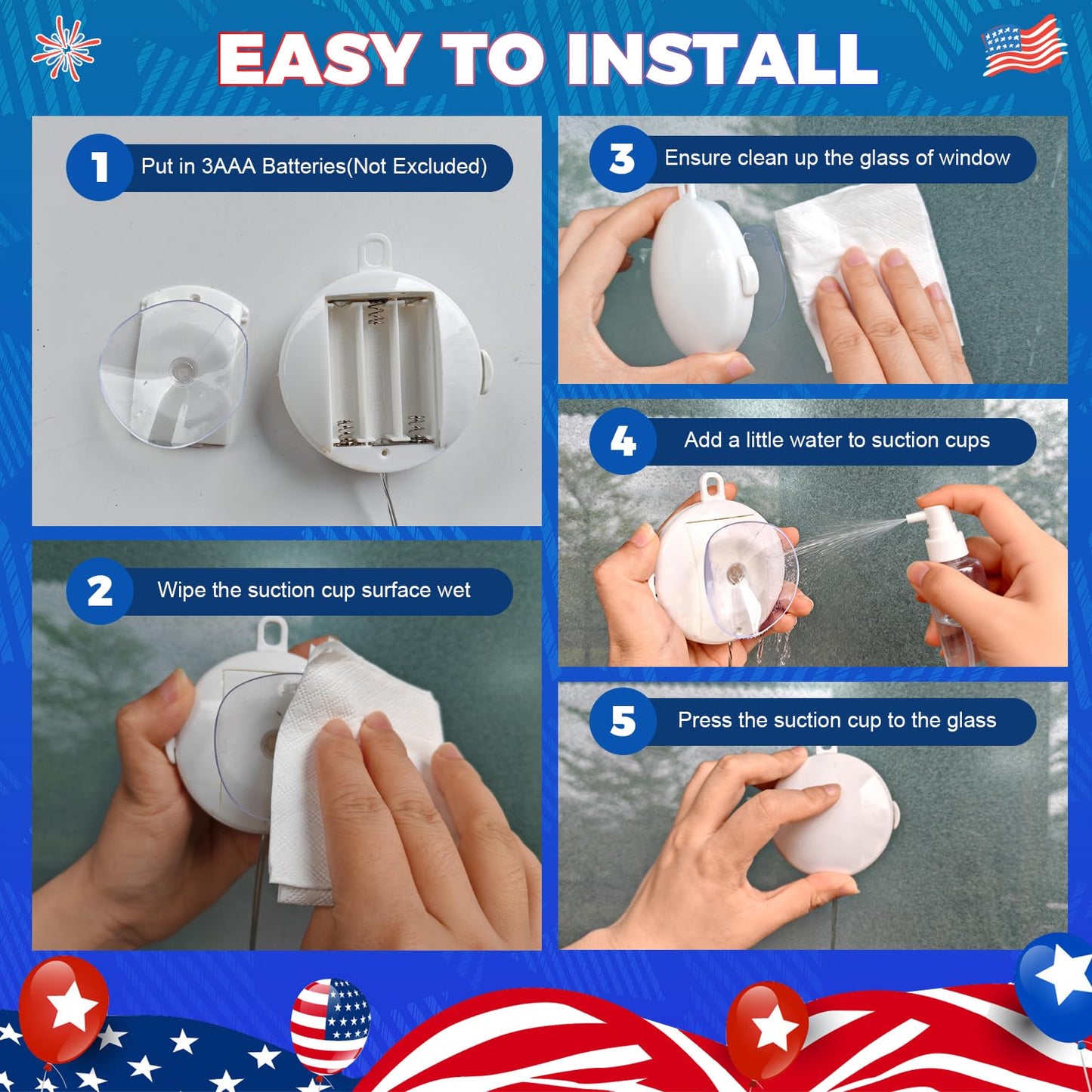 4th of July Window Lights with Timer, Red White Blue Star Lights Battery Operated with Suction Cup Hook, LED Hanging Patriotic Decor for Memorial Day Independence Day Home Room(Red White Blue)