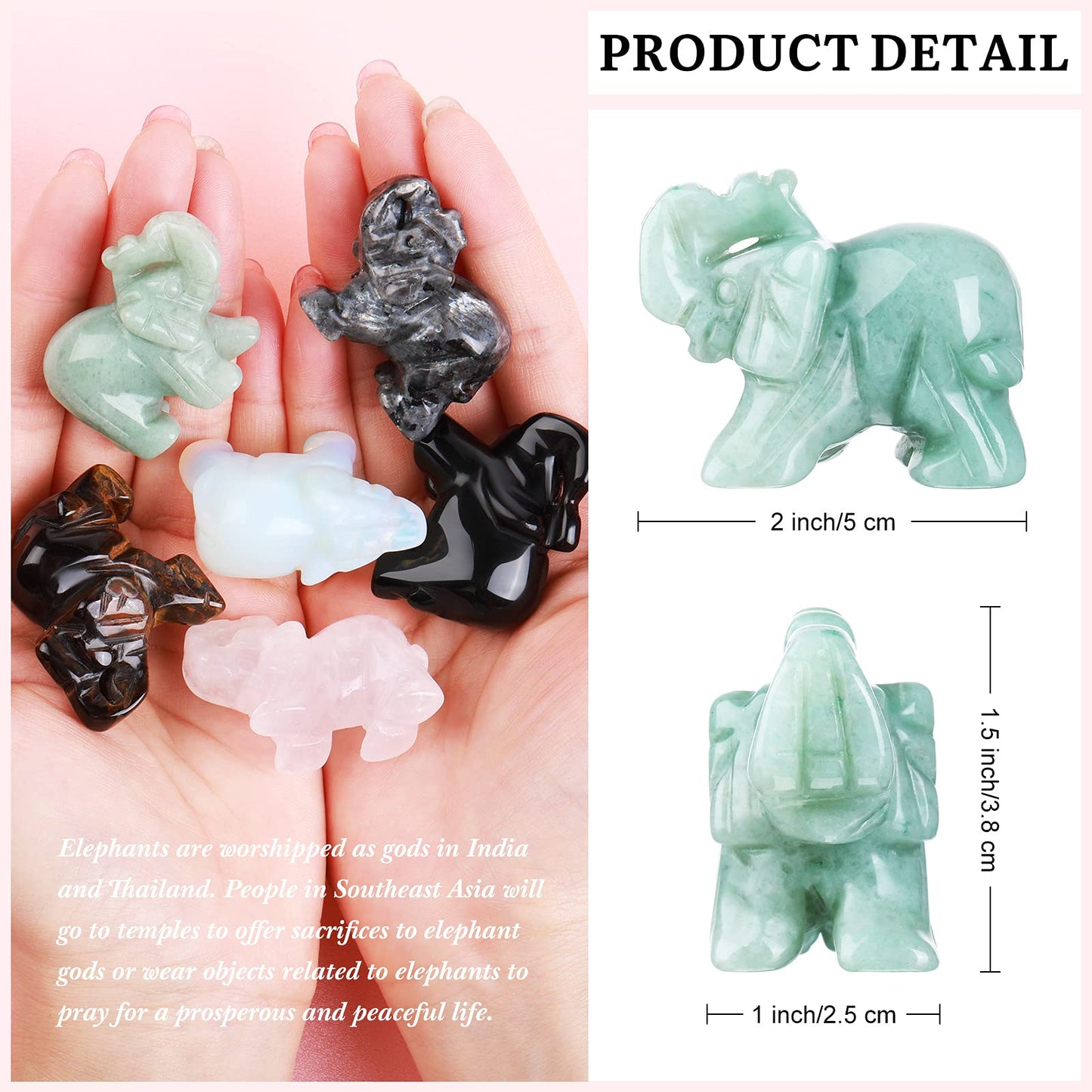 6 Pieces Rose Quartz Elephant Healing Crystal Stones Opalite Green Aventurine Labradorite Tiger's Eye Black Obsidian Elephant Pocket Statue Kitchen Guardian Healing Figurine Decor for Home, 1.5 Inch