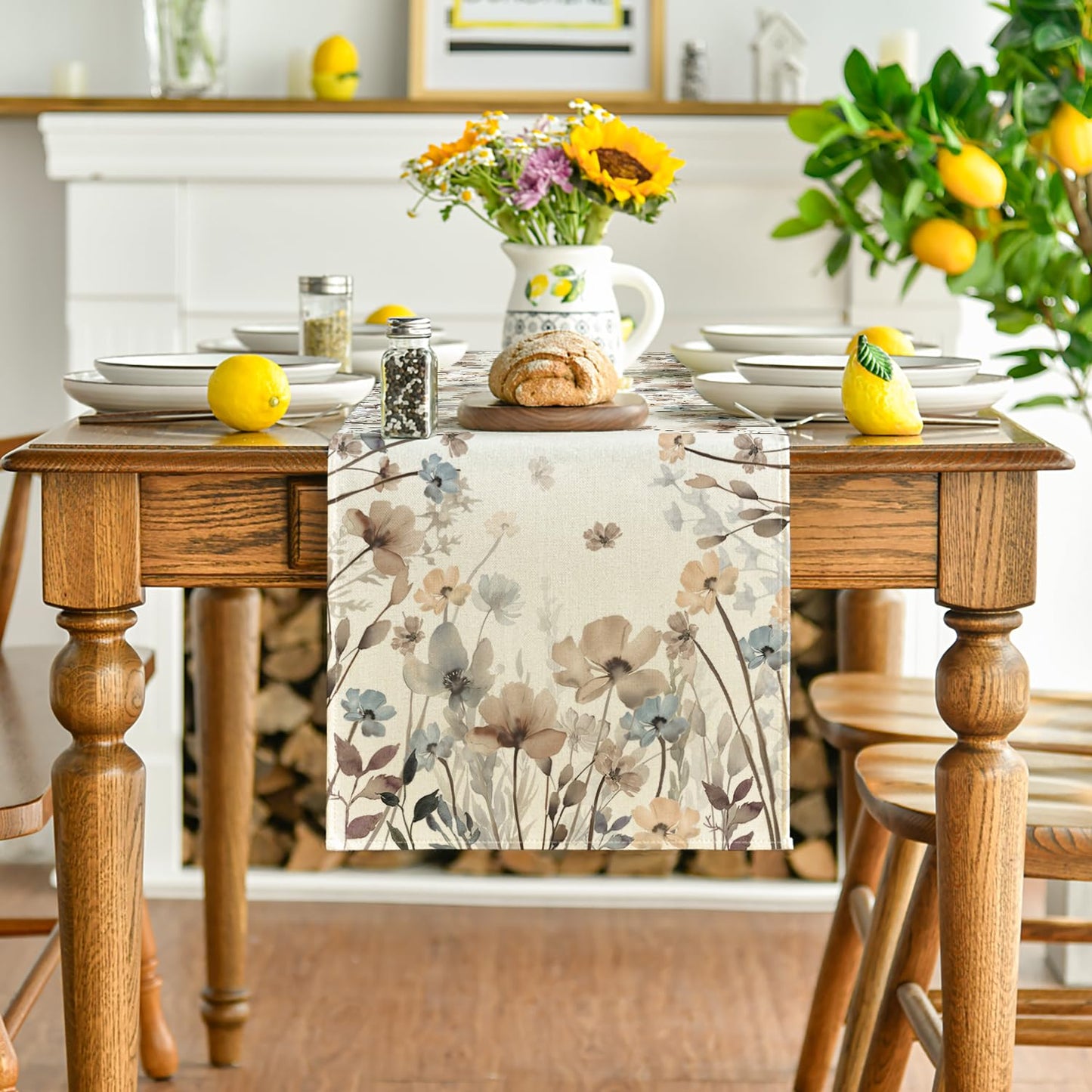 Artoid Mode Brown Poppy Flowers Floral Blossom Summer Table Runner, Fall Kitchen Dining Table Decoration for Home Party Decor 13x72 Inch