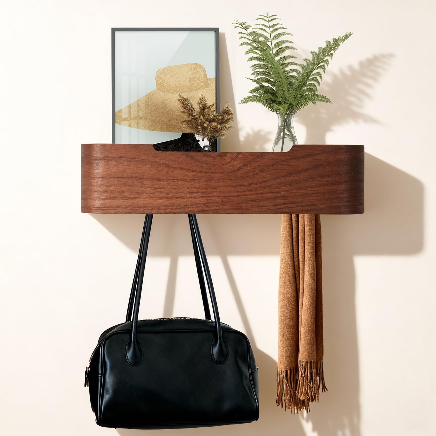 Coat Rack Wall Mount with Shelf Entryway Shelf Modern Key Holder Hanger Wall Shelves with Hidden Hooks for Hanging Towels Coats Hats Bags for Hallway Bathroom Bedroom(Walnut Color, 4 Hooks)