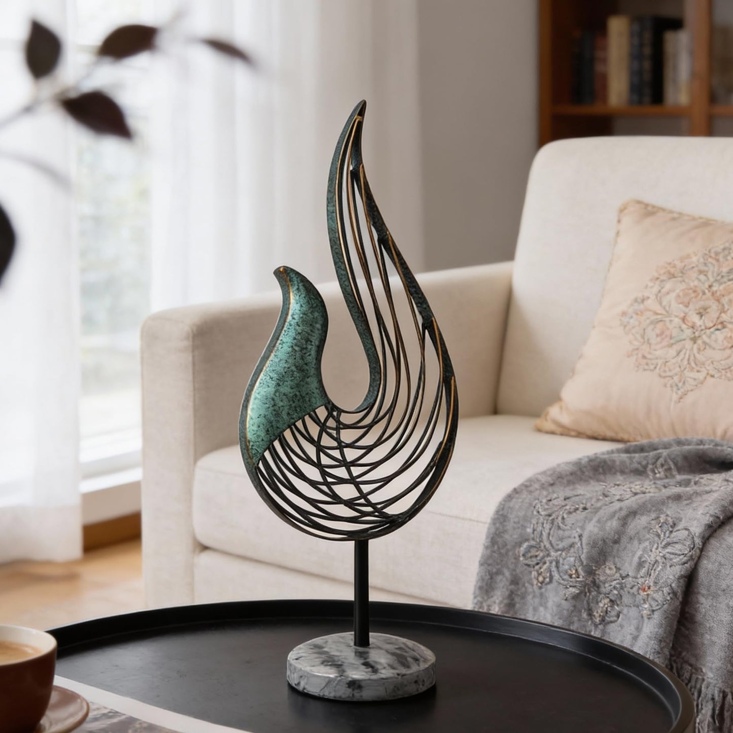 LNXMES Teal Abstract Bird Sculpture, Modern Metal Wireframe Art Decor with Base, Minimalist Home Decor Accent for Living Room Table, Office Desk, Shelf Display