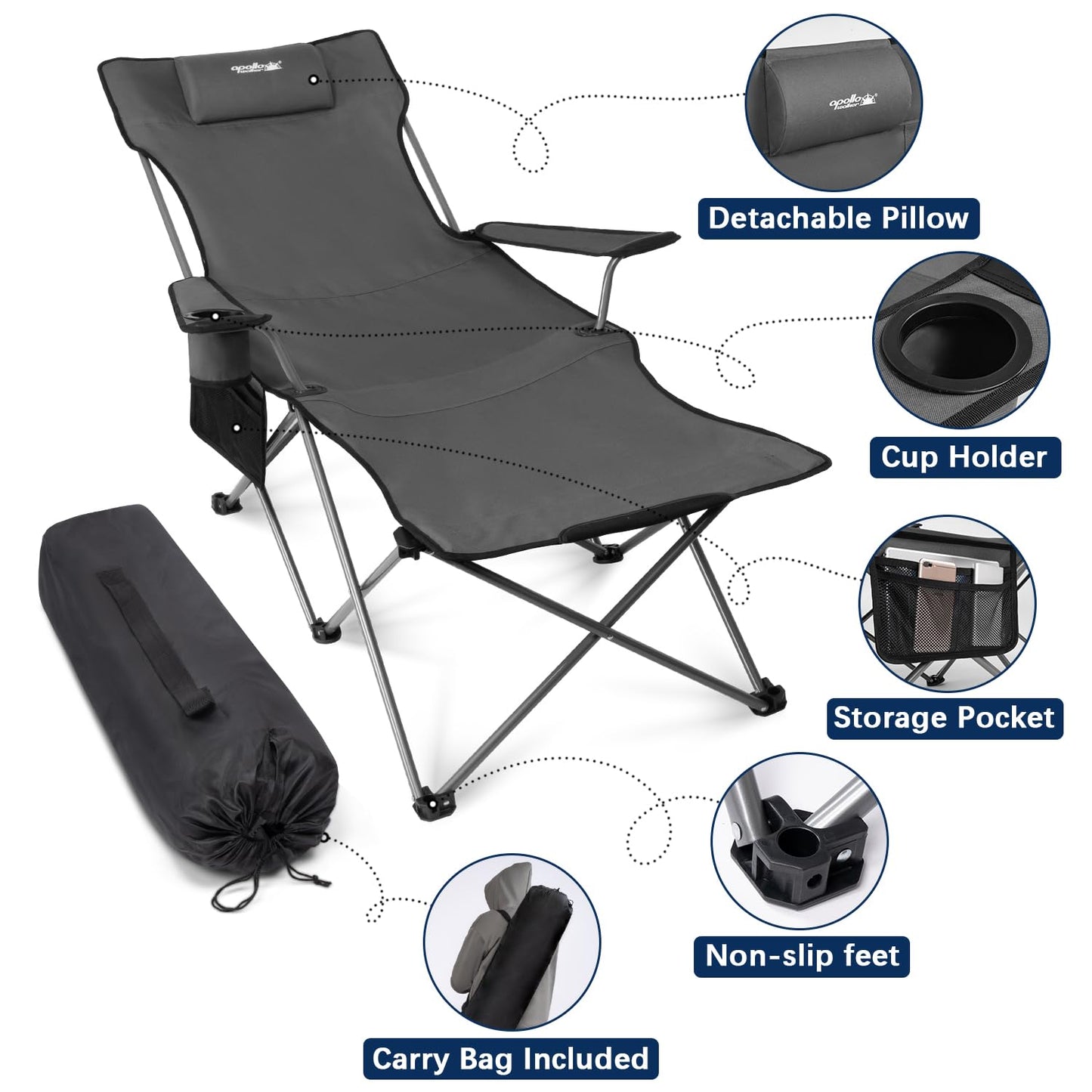 apollo walker Reclining Beach Chair, Adjustable 90-135° Backrest Camping Lounge Chairs for Adults, 6-Legged Folding Chair with Foot Rest & Detachable Pillow, Includes Carry Bag, Grey