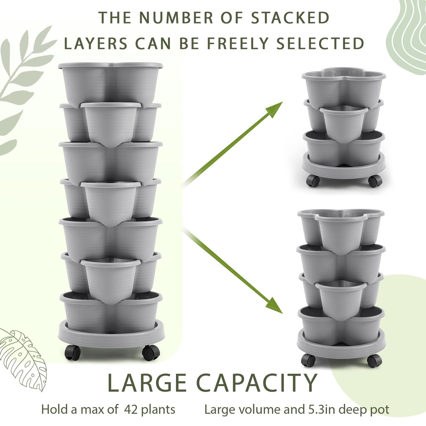 Umigy 2 Set Light Gray 7 Tier Stackable Vertical Planters with Removable Wheels and Tools Tower Planters Strawberry Herb Flower Vegetable Pots Indoor Outdoor Gardening Pots