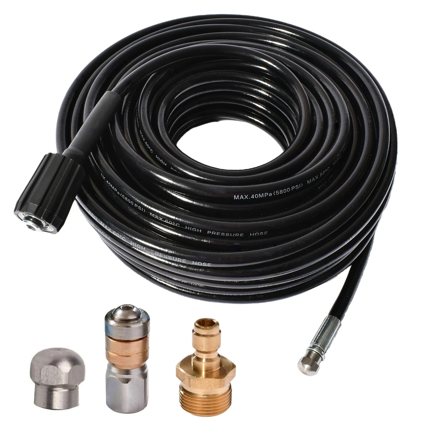 50FT 5800 PSI Pressure Washer Hose Jetter Nozzles Kit 1/8”NPT Sewer Drain Rotating Quick Connect Nozzle Button Nose With M22-14/15mm Double Rod Thread Brass Replacement